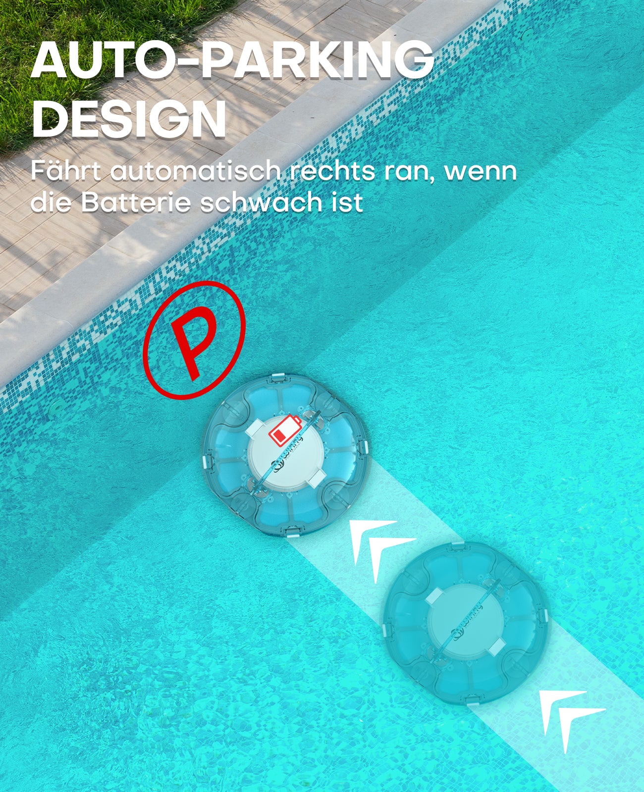 WINNY POOL CLEANER Winny 200 Poolroboter, Poolsauger kabellos mit Akku, 75 Min. Laufzeit, für Aufstellpools bis 60 m², Doppelfiltration, Automatisches Parken, Kompakt Leicht (Transparentes Blau-Weiß)