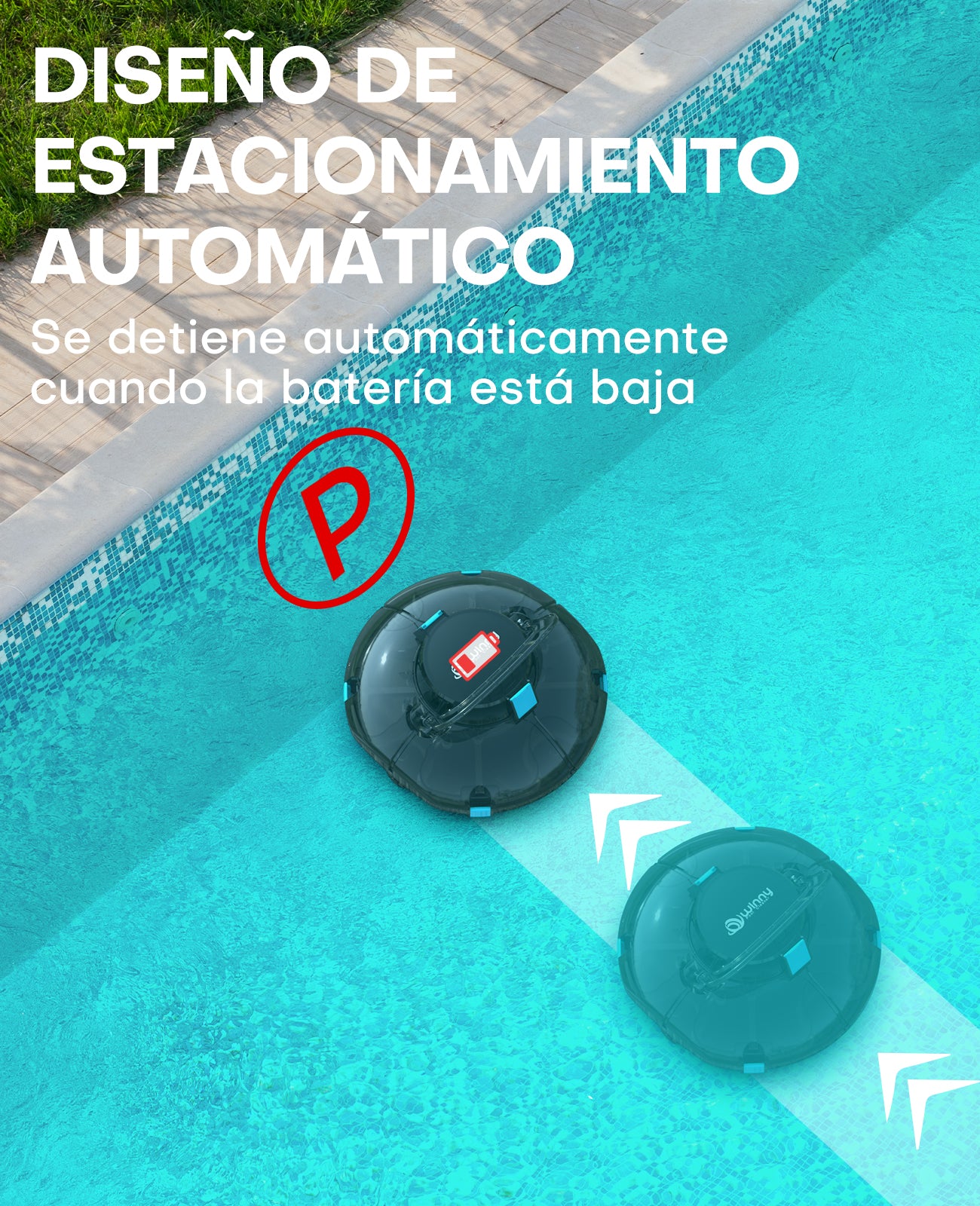 WINNY POOL CLEANER Winny 200 Limpiafondos Piscina, Inalámbrico Robot Limpiafondos Piscina, 75Min Autonomía, Piscinas Desmontables 60m², Doble Filtración,Estacionamiento Auto(Transparente Negro-Azul)