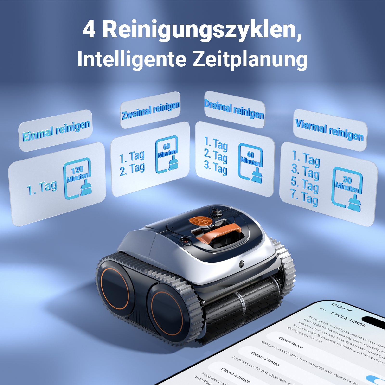Winny C1 Poolroboter Akku Wand und Boden-Keine Kabel, Reinigt Boden & Wände, 150 min, Selbstparkend, App-Control, 150㎡ Reichweite, für ERD- & Aufstellpools, Schwarzorange, Weißorange