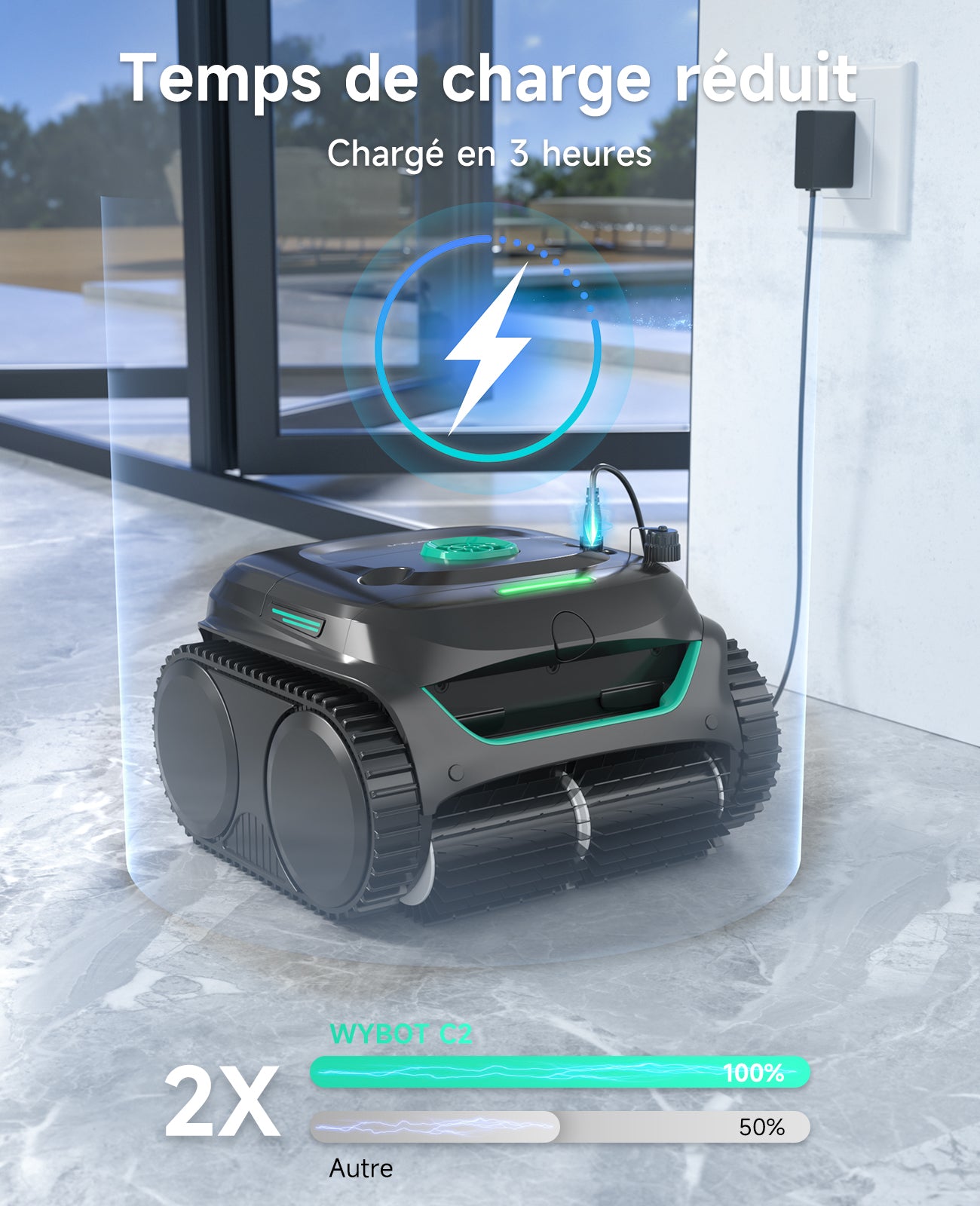 WYBOT C2 Robot Piscine sans Fil pour Piscines Enterrées 150㎡, Double Filtration, 3 Moteurs, Aspiration Puissante, Nettoyage Parois & Ligne d'eau, 180 Min, App(Noir-Vert Vert)