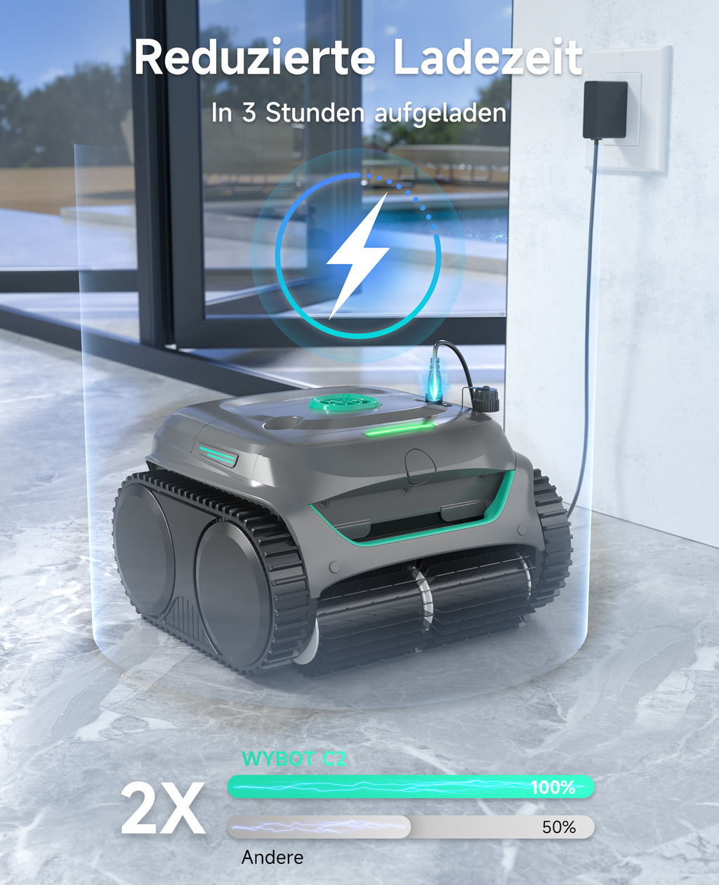 WYBOT C2 Poolroboter Akku Boden und Wand für Einbaupools bis 150㎡, Doppelfiltration, 3-fach Motor, Starke Saugkraft, Wandkletter & Wasserlinie, 180 Min, App(Grau-Grün Grün)