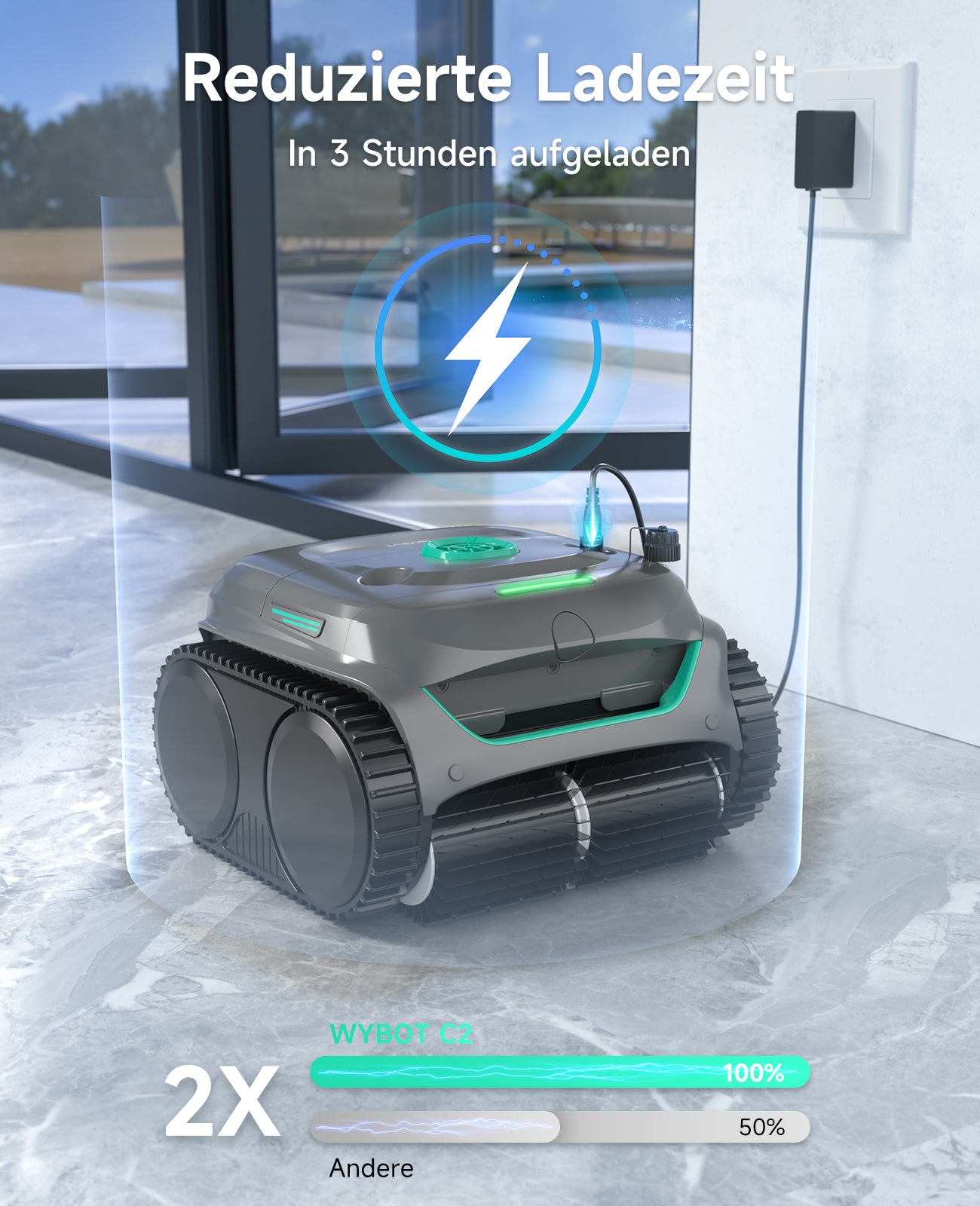WYBOT C2 Poolroboter Akku Boden und Wand für Einbaupools bis 150㎡, Doppelfiltration, 3-fach Motor, Starke Saugkraft, Wandkletter & Wasserlinie, 180 Min, App(Grau-Grün Grün)