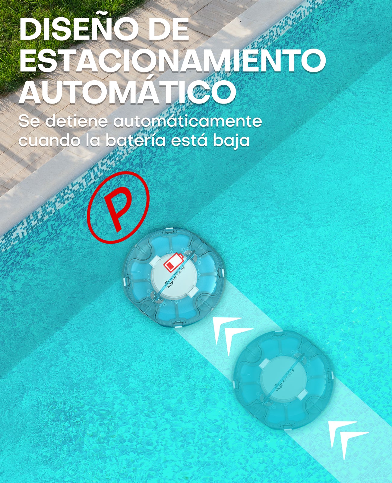 WINNY POOL CLEANER Winny 200 Limpiafondos Piscina, Inalámbrico Robot Limpiafondos Piscina, 75Min Autonomía, Piscinas Desmontables 60m², Doble Filtración,Estacionamiento Auto(Transparente Azul-Blanco)
