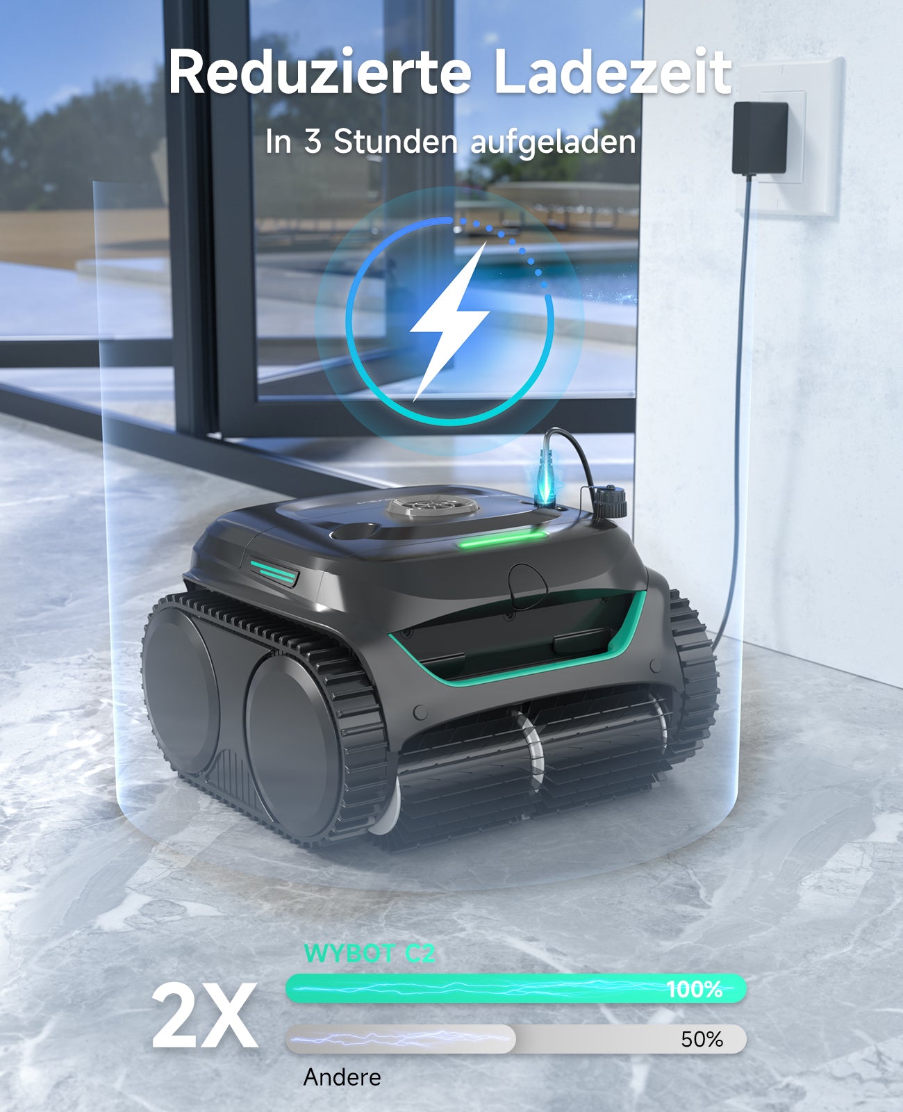 WYBOT C2 Poolroboter Akku Boden und Wand für Einbaupools bis 150㎡, Doppelfiltration, 3-Fach Motor, Starke Saugkraft, Wandkletter & Wasserlinie, 180 Min, App(Schwarz-Grün Grau)