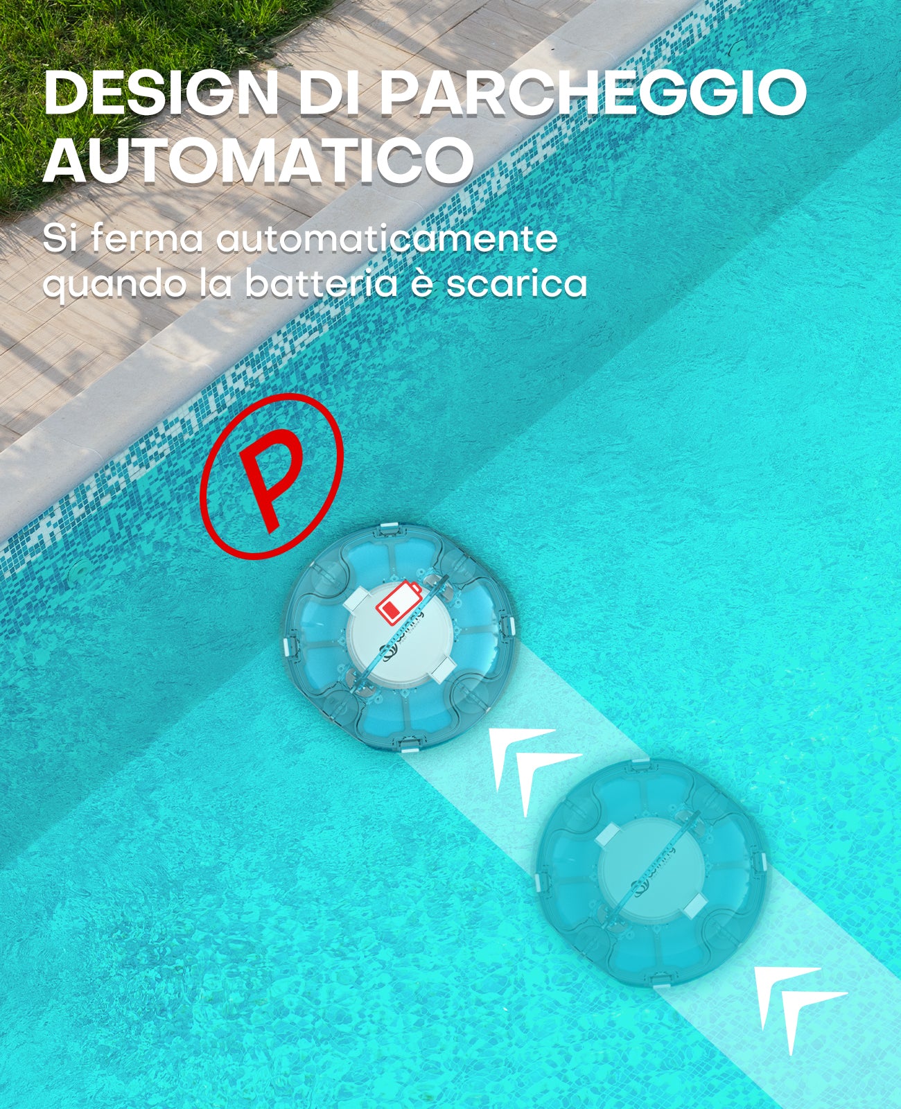 WINNY POOL CLEANER Winny 200 Robot Piscina, Piscina Senza Fili con Batteria, Autonomia 75 Min per Piscine Fuori Terra 60 m², Doppia Filtrazione, Parcheggio Automatico (Trasparente Blu-Bianco)