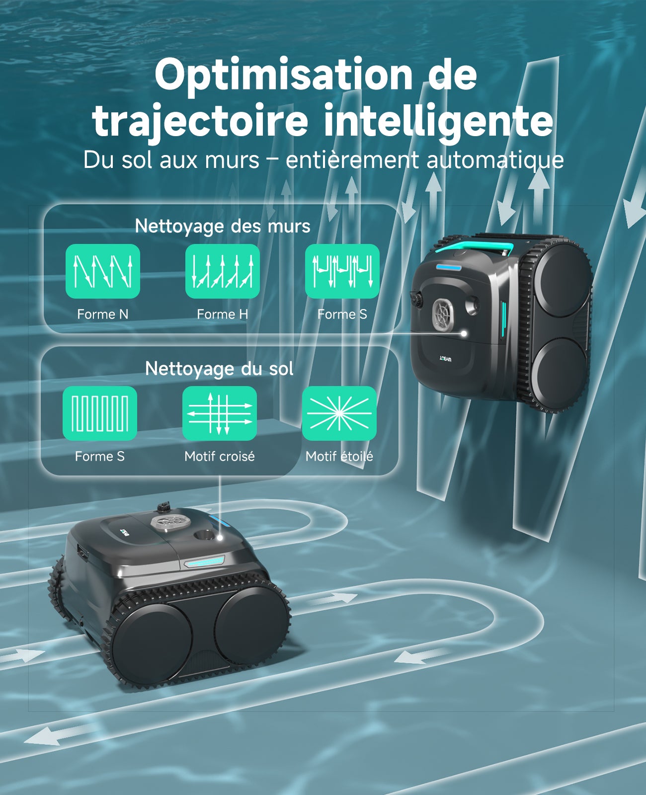 WYBOT C2 Robot Piscine Sans Fil, Double Filtration, 3 Moteurs, Aspiration Puissante, Nettoyage Fond et Parois & Ligne d'Eau, 180 Min, pour Piscines Enterrées 150㎡, App(Vert noir foncé-Gris)