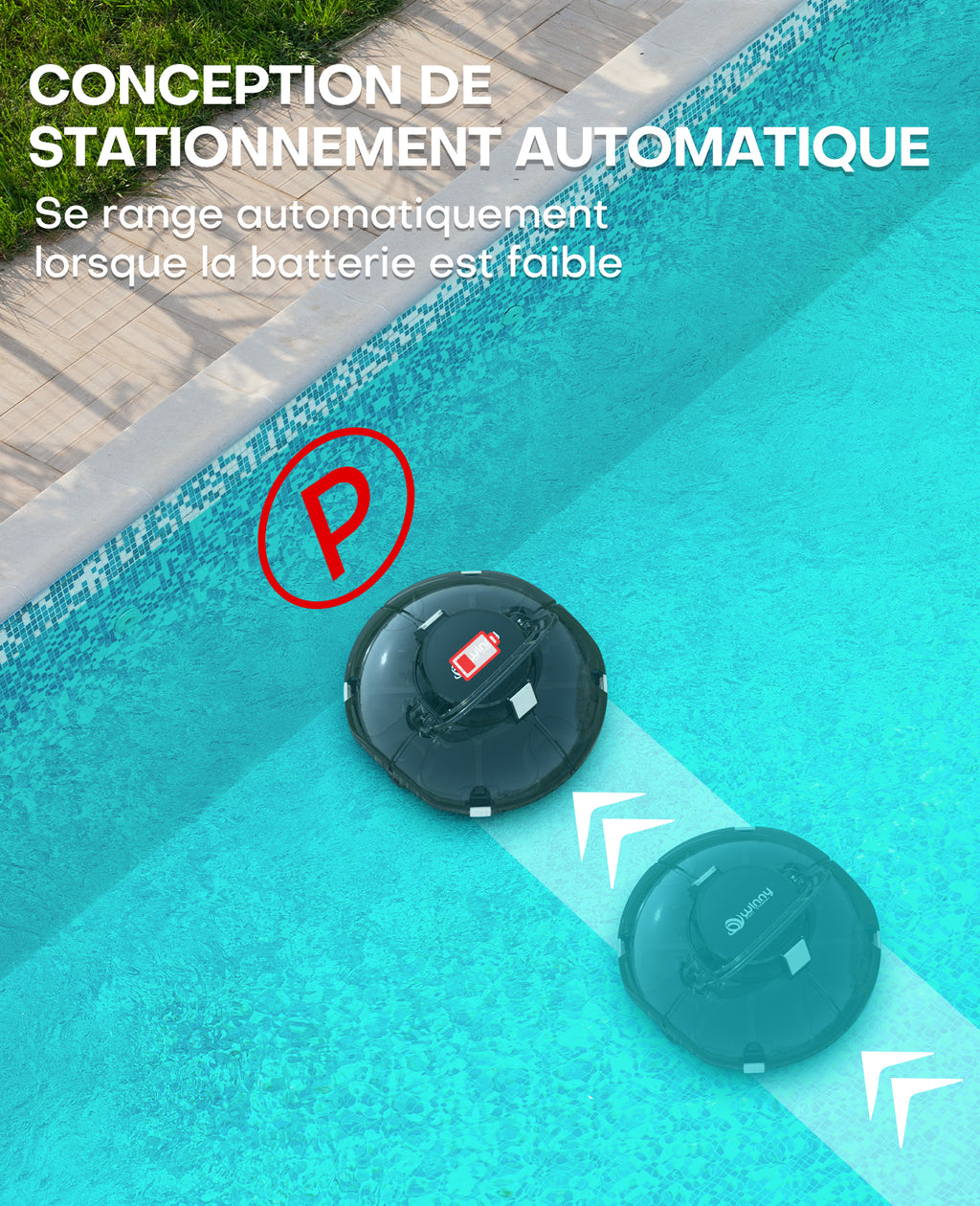 WINNY POOL CLEANER Winny 200 Robot Piscine, Aspirateur Piscine Sans Fil Avec Batterie, Autonomie 75 Min pour Piscines Hors-Sol 60m², Double Filtration,Stationnement Automatique(Transparent Noir-Blanc)