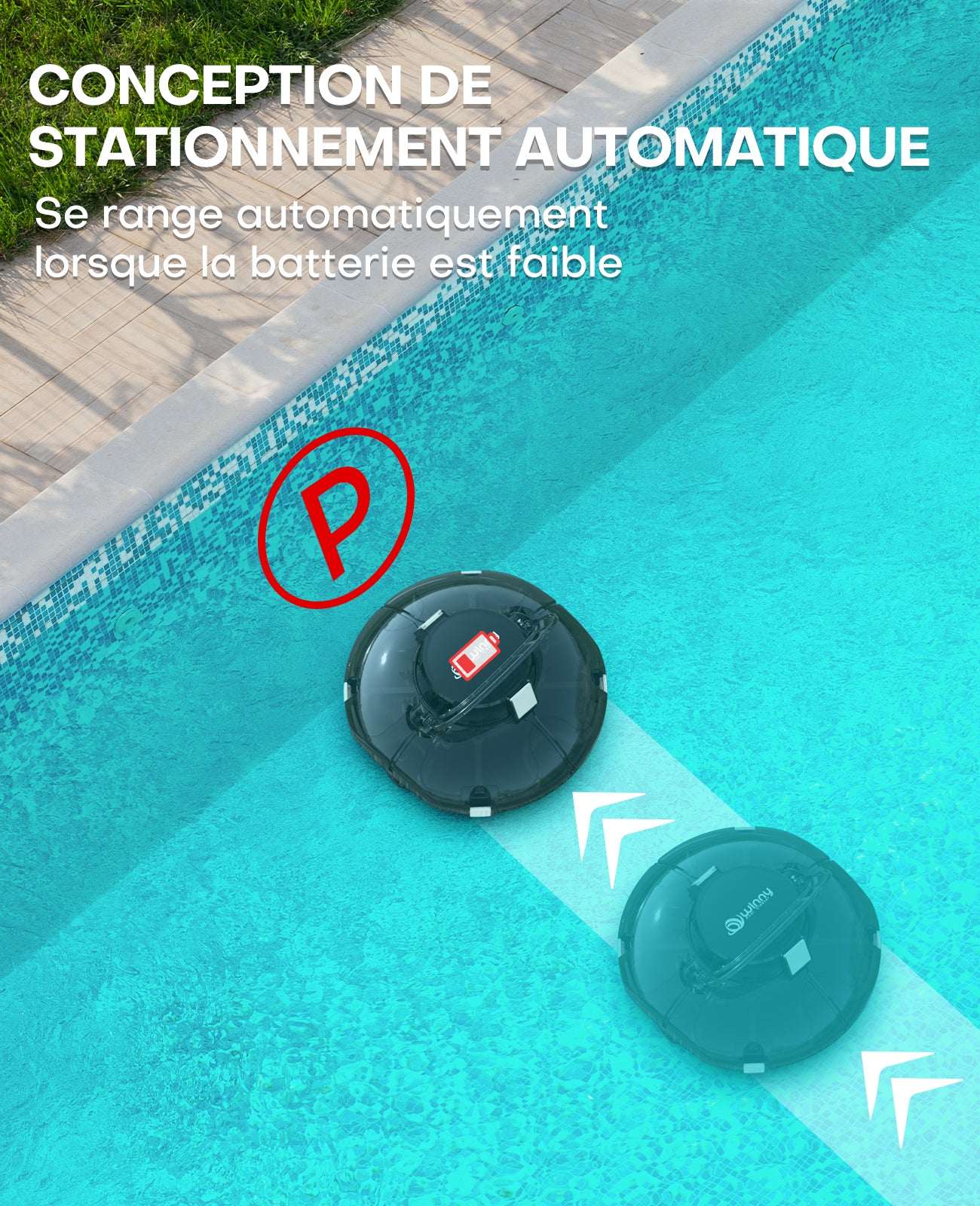 WINNY POOL CLEANER Winny 200 Robot Piscine, Aspirateur Piscine Sans Fil Avec Batterie, Autonomie 75 Min pour Piscines Hors-Sol 60m², Double Filtration,Stationnement Automatique(Transparent Noir-Blanc)