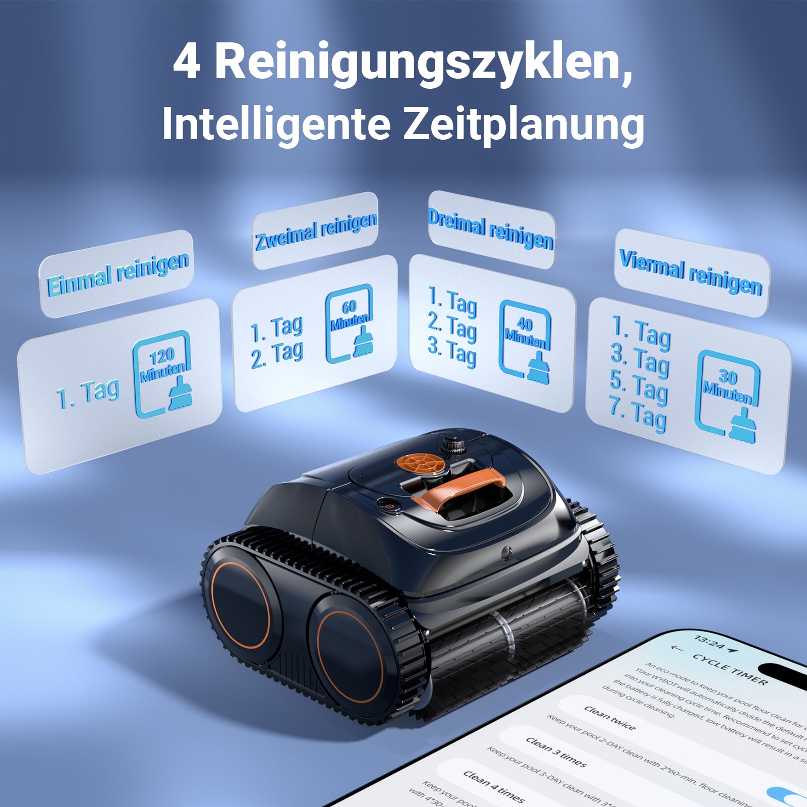 Winny C1 Poolroboter Akku Wand und Boden-Keine Kabel, Reinigt Boden & Wände, 150 min, Selbstparkend, App-Control, 150㎡ Reichweite, für ERD- & Aufstellpools, Schwarzorange