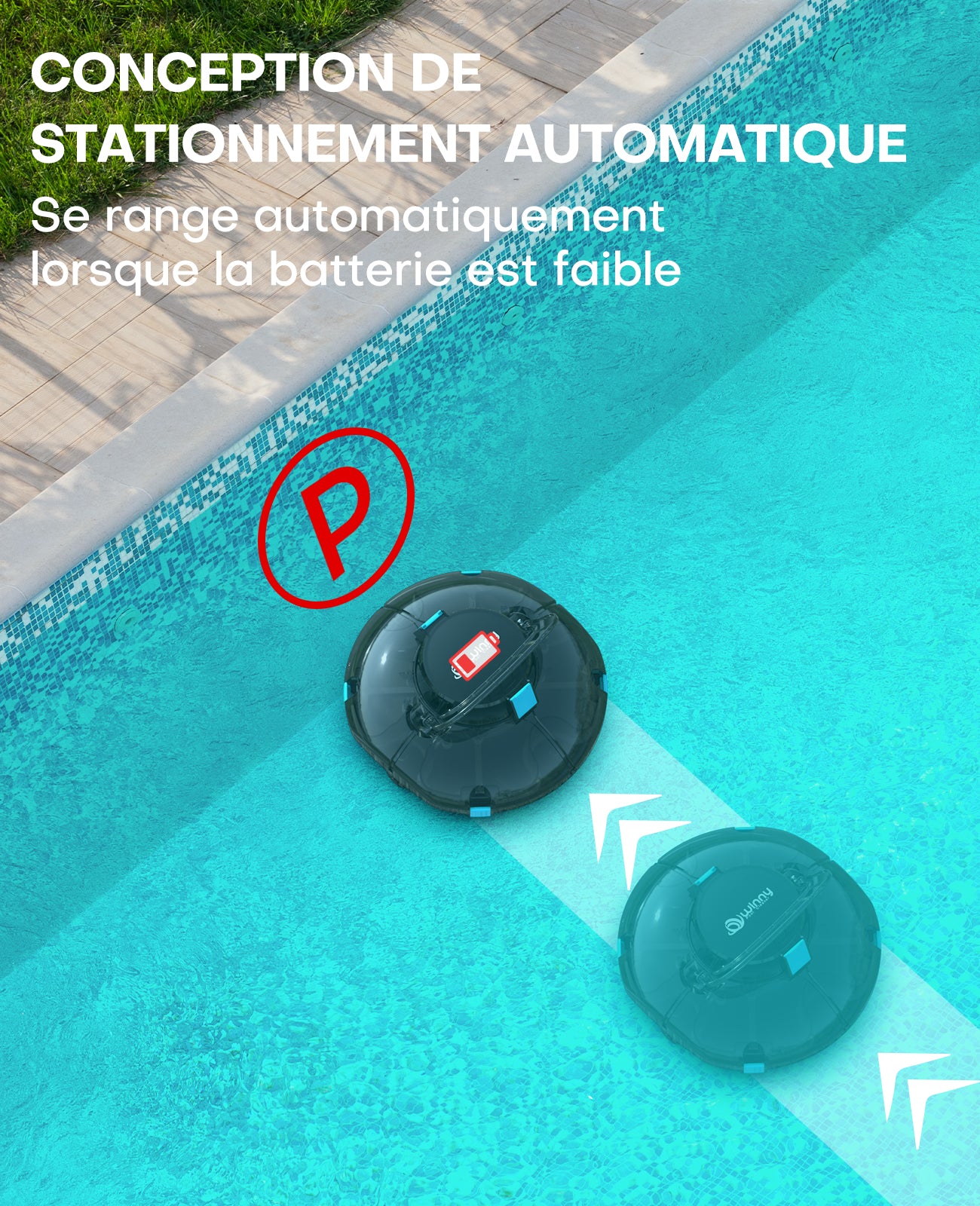 WINNY POOL CLEANER Winny 200 Robot Piscine, Aspirateur Piscine sans Fil avec Batterie, Autonomie 80 Min pour Piscines Hors-Sol 60m², Double Filtration,Stationnement Automatique(Transparent Noir-Bleu)