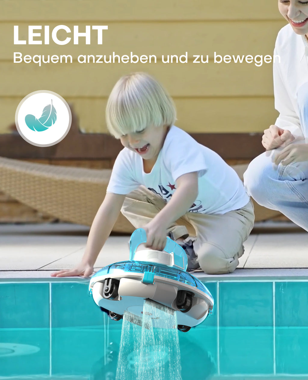 WINNY POOL CLEANER Winny 200 Poolroboter, Poolsauger kabellos mit Akku, 75 Min. Laufzeit, für Aufstellpools bis 60 m², Doppelfiltration, Automatisches Parken, Kompakt Leicht (Transparentes Blau)