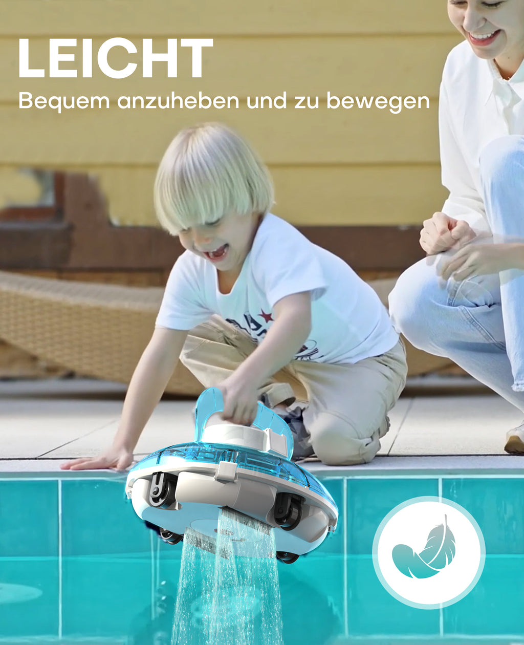 WINNY POOL CLEANER Winny 200 Poolroboter, Poolsauger kabellos mit Akku, 75 Min. Laufzeit, für Aufstellpools bis 60 m², Doppelfiltration, Automatisches Parken, Kompakt Leicht (Transparentes Blau-Weiß)