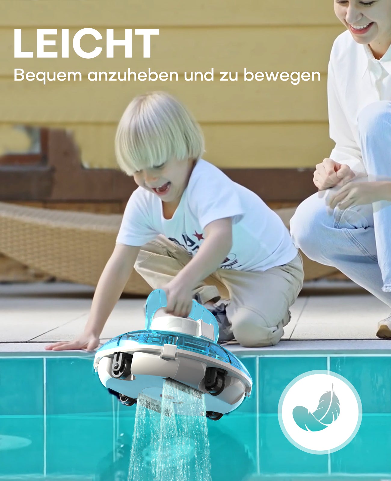 WINNY POOL CLEANER Winny 200 Poolroboter, Poolsauger kabellos mit Akku, 75 Min. Laufzeit, für Aufstellpools bis 60 m², Doppelfiltration, Automatisches Parken, Kompakt Leicht (Transparentes Blau-Weiß)