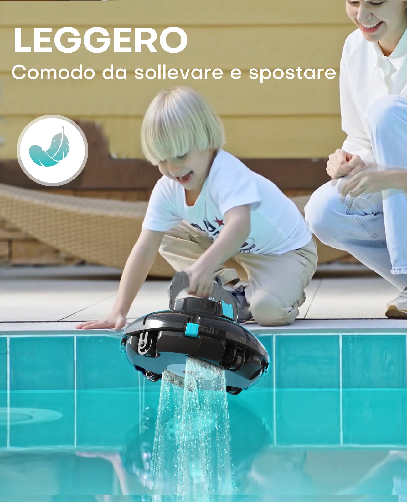 WINNY POOL CLEANER Winny 200 Robot Piscina, Piscina Senza Fili con Batteria, Autonomia 75 Min per Piscine Fuori Terra 60 m², Doppia Filtrazione, Parcheggio Automatico (Trasparente Nero-Blu)