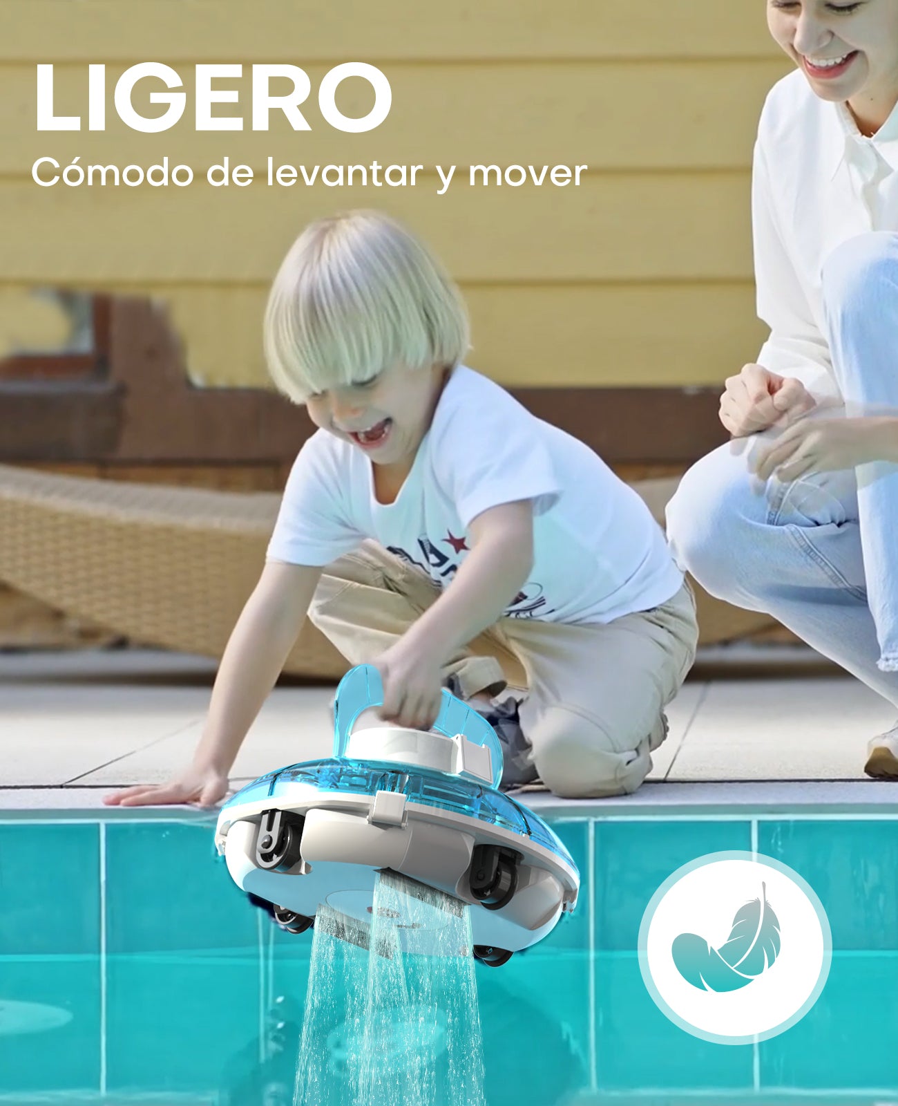 WINNY POOL CLEANER Winny 200 Limpiafondos Piscina, Inalámbrico Robot Limpiafondos Piscina, 75Min Autonomía, Piscinas Desmontables 60m², Doble Filtración,Estacionamiento Auto(Transparente Azul-Blanco)