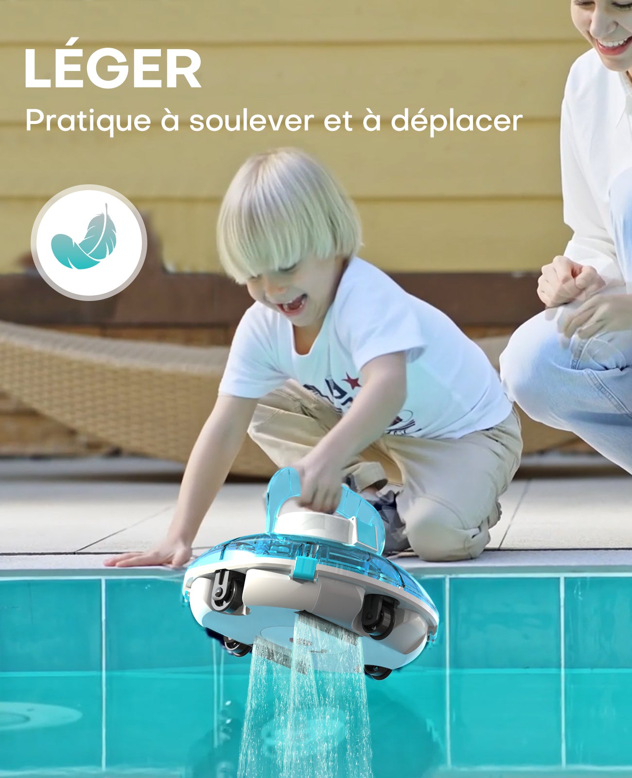 WINNY POOL CLEANER Winny 200 Robot Piscine, Aspirateur Piscine Sans Fil Avec Batterie, Autonomie 75 Min pour Piscines Hors-Sol 60m², Double Filtration,Stationnement Automatique(Transparent Bleu)