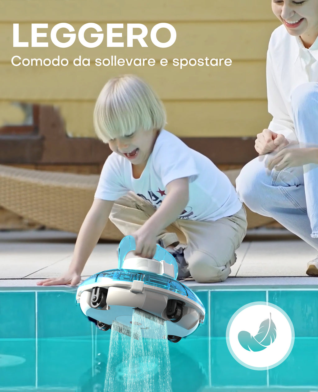 WINNY POOL CLEANER Winny 200 Robot Piscina, Piscina Senza Fili con Batteria, Autonomia 75 Min per Piscine Fuori Terra 60 m², Doppia Filtrazione, Parcheggio Automatico (Trasparente Blu-Bianco)