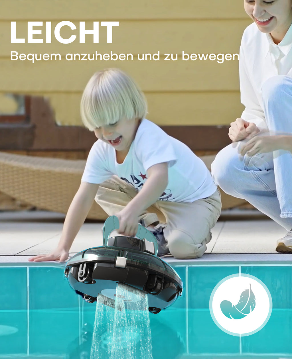 WINNY POOL CLEANER Winny 200 Poolroboter, Poolsauger kabellos mit Akku, 75 Min. Laufzeit, für Aufstellpools bis 60 m², Doppelfiltration, Automatisches Parken, Kompakt Leicht (Transparent Grün Weiß)
