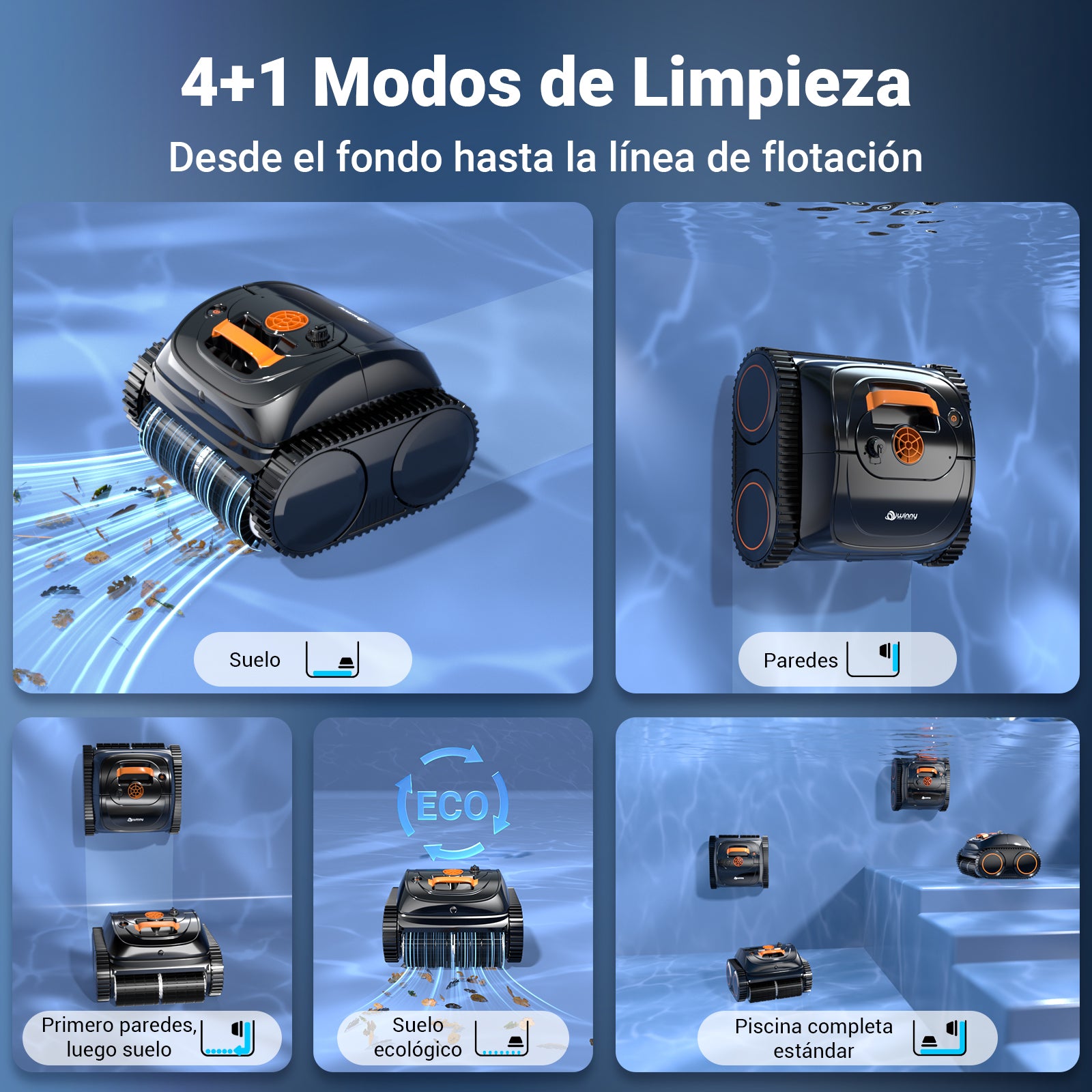 WINNY C1 Robot Piscina y Limpiafondos Piscina-Sin Cables, 150 min de Autonomía, Limpia Paredes y Fondo, Navegación Inteligente, Auto-aparcamiento, para Piscinas Enterradas y Sobre Suelo, Naranja Negro