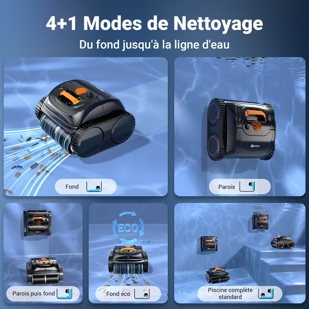 Winny C1 Robot Piscine sans Fil-Nettoie Fond et Parois, Navigation Intelligente, Autonomie 150 Min, Stationnement Automatique, Contrôle par APP, pour Piscines Enterrées et Hors Sol, Orange Noir