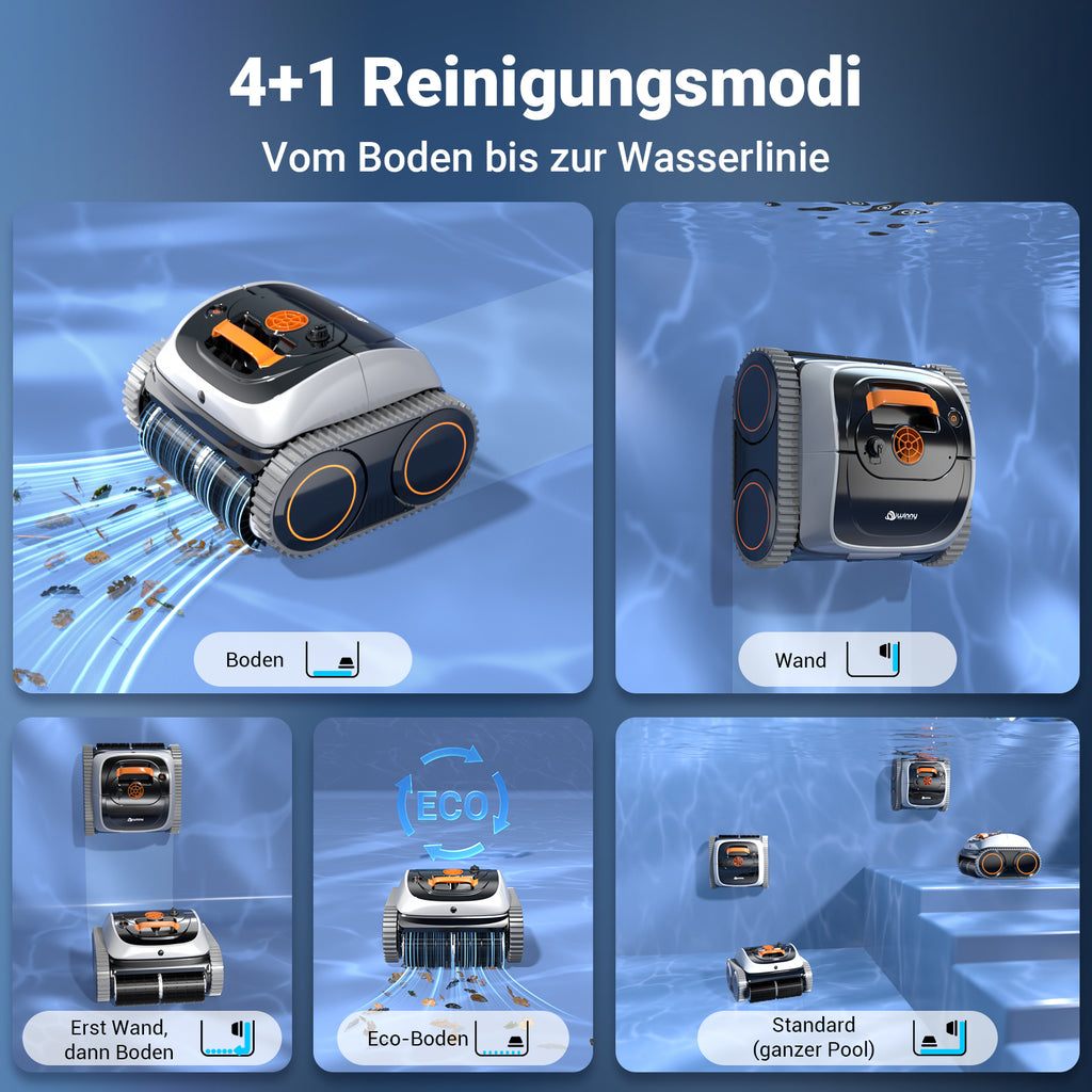 Winny C1 Poolroboter Akku Wand und Boden-Keine Kabel, Reinigt Boden & Wände, 150 min, Selbstparkend, App-Control, 150㎡ Reichweite, für ERD- & Aufstellpools, Schwarzorange, Weißorange