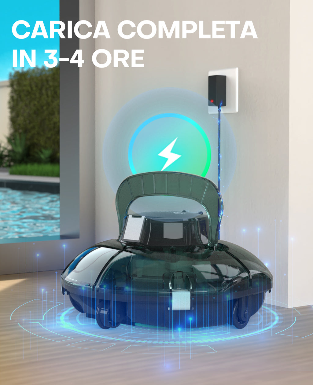 WINNY POOL CLEANER Winny 200 Robot Piscina, Piscina Senza Fili con Batteria, Autonomia 75 Min per Piscine Fuori Terra 60 m², Doppia Filtrazione, Parcheggio Automatico (Trasparente Verde Bianco)