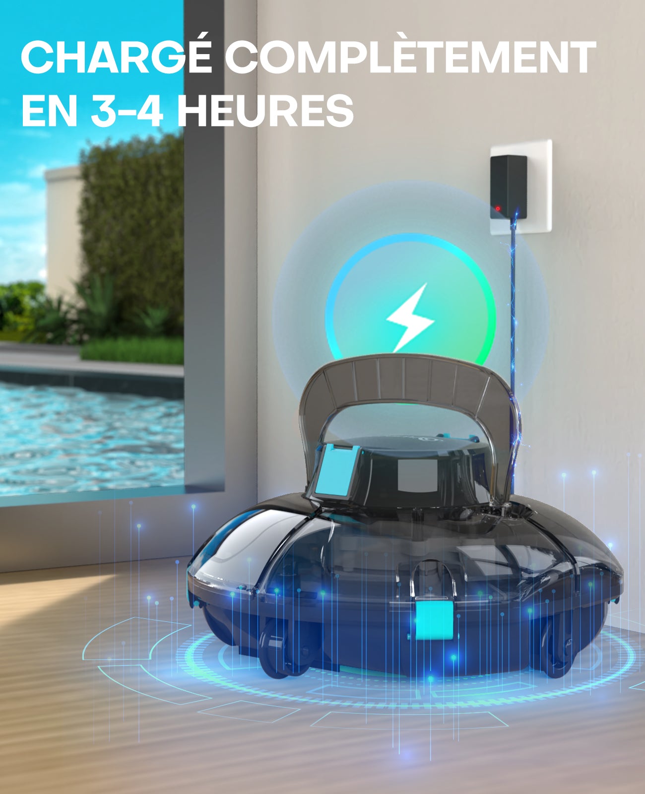 WINNY POOL CLEANER Winny 200 Robot Piscine, Aspirateur Piscine sans Fil avec Batterie, Autonomie 80 Min pour Piscines Hors-Sol 60m², Double Filtration,Stationnement Automatique(Transparent Noir-Bleu)