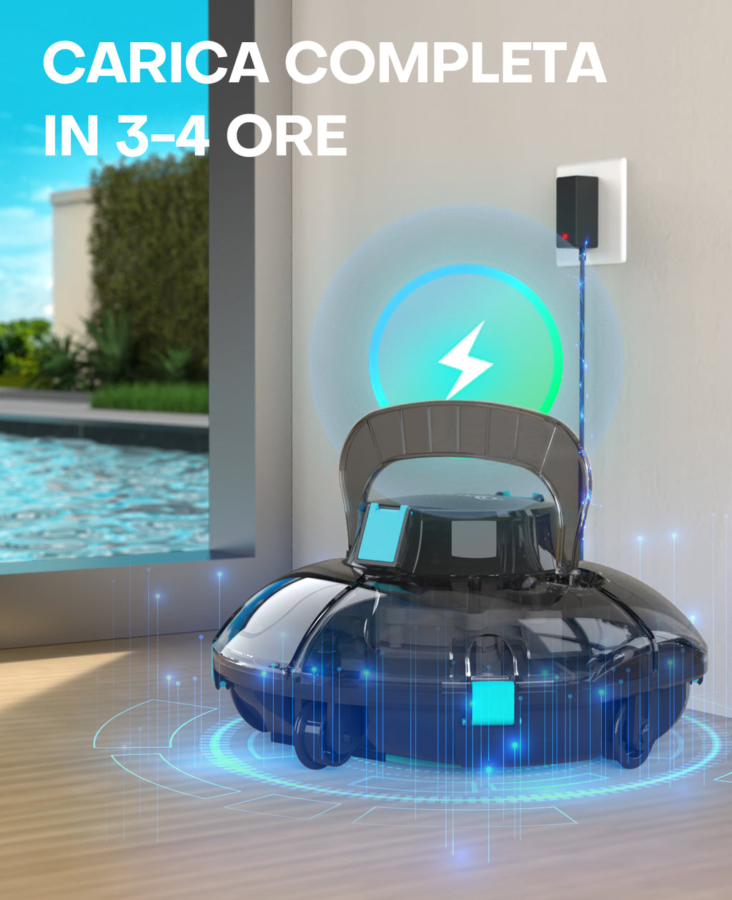WINNY POOL CLEANER Winny 200 Robot Piscina, Piscina Senza Fili con Batteria, Autonomia 75 Min per Piscine Fuori Terra 60 m², Doppia Filtrazione, Parcheggio Automatico (Trasparente Nero-Blu)