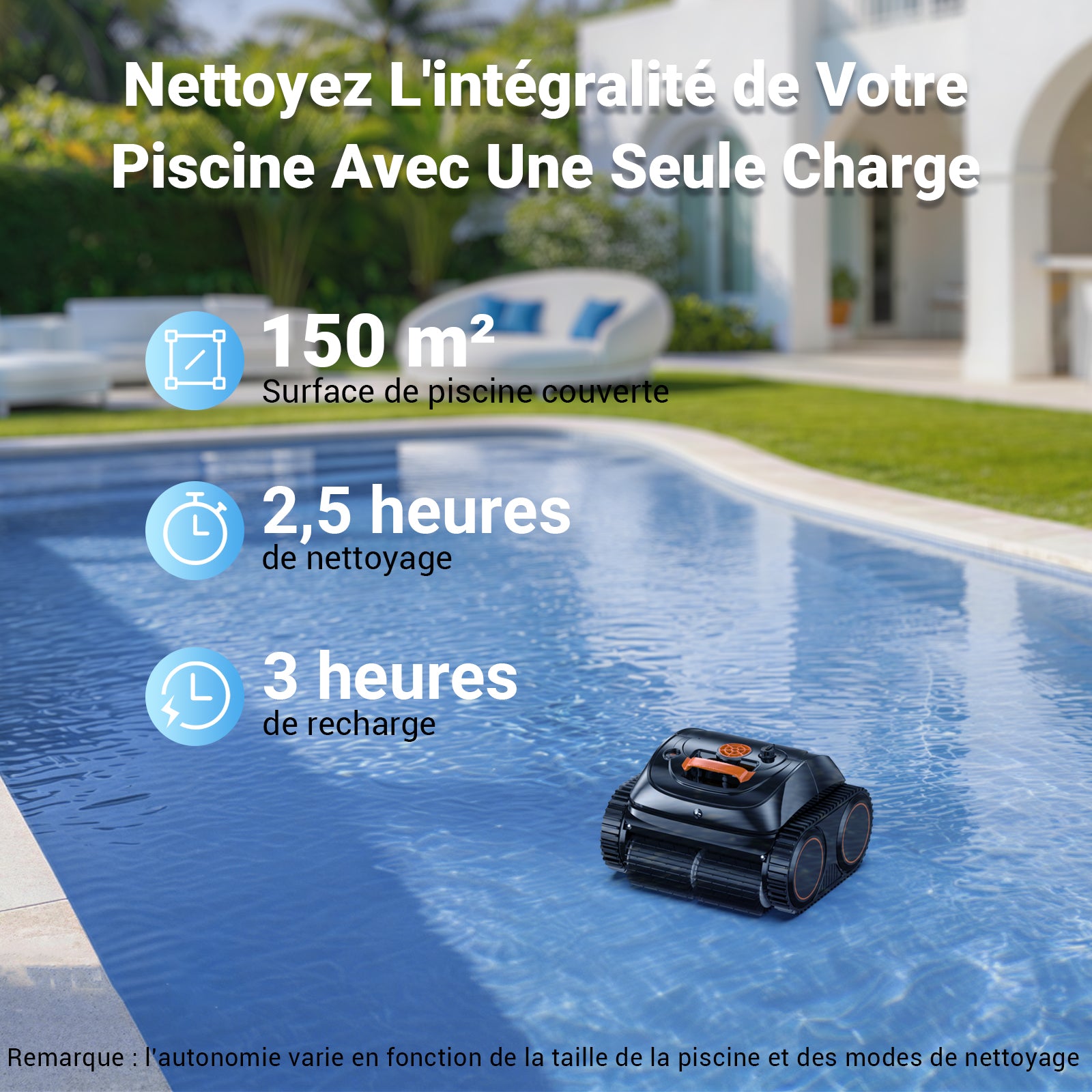 Winny C1 Robot Piscine sans Fil-Nettoie Fond et Parois, Navigation Intelligente, Autonomie 150 Min, Stationnement Automatique, Contrôle par APP, pour Piscines Enterrées et Hors Sol, Orange Noir