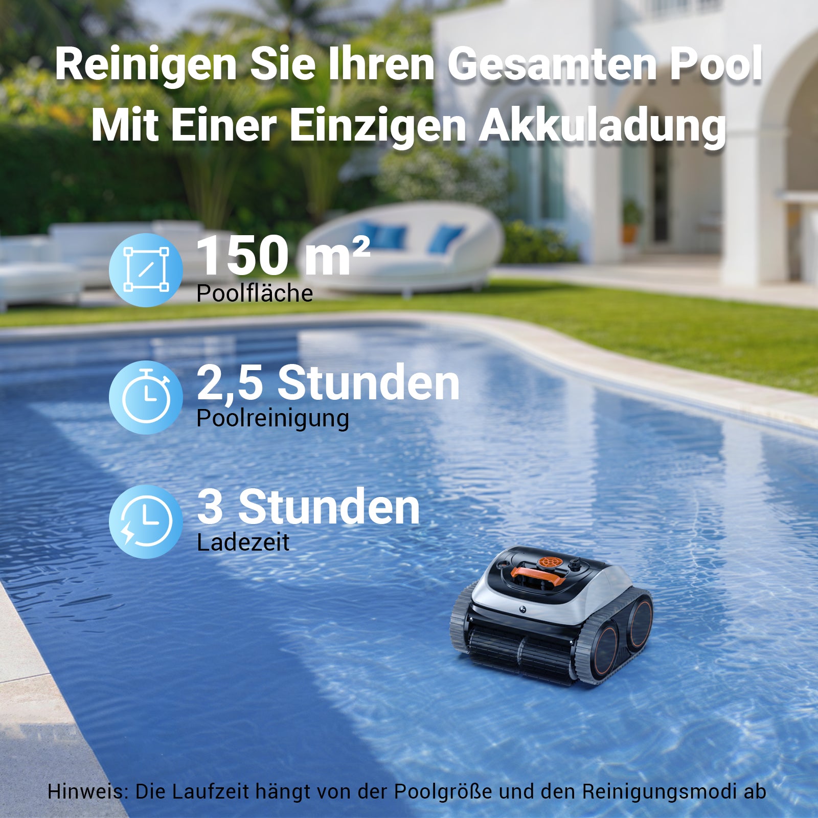 Winny C1 Poolroboter Akku Wand und Boden-Keine Kabel, Reinigt Boden & Wände, 150 min, Selbstparkend, App-Control, 150㎡ Reichweite, für ERD- & Aufstellpools, Schwarzorange, Weißorange