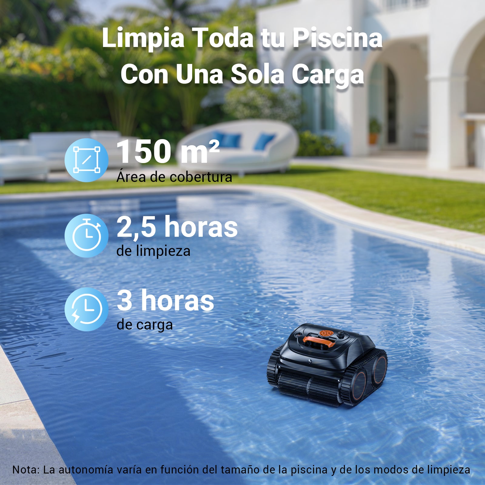WINNY C1 Robot Piscina y Limpiafondos Piscina-Sin Cables, 150 min de Autonomía, Limpia Paredes y Fondo, Navegación Inteligente, Auto-aparcamiento, para Piscinas Enterradas y Sobre Suelo, Naranja Negro
