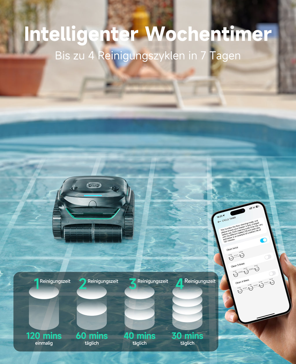 WYBOT C2 Poolroboter Akku Boden und Wand, 3-Fach Motor, Doppelfiltration, Wandkletter & Wasserlinienreinigung, 180 Min Laufzeit, für Einbaupools bis 150㎡, App-Steuerung(Dunkelschwarzgrün-Grau)