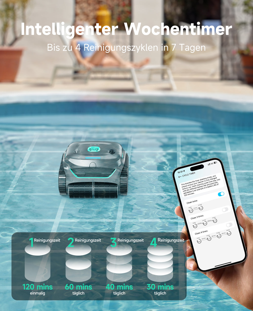 WYBOT C2 Poolroboter Akku Boden und Wand für Einbaupools bis 150㎡, Doppelfiltration, 3-fach Motor, Starke Saugkraft, Wandkletter & Wasserlinie, 180 Min, App(Dunkelgraugrün-Grün)