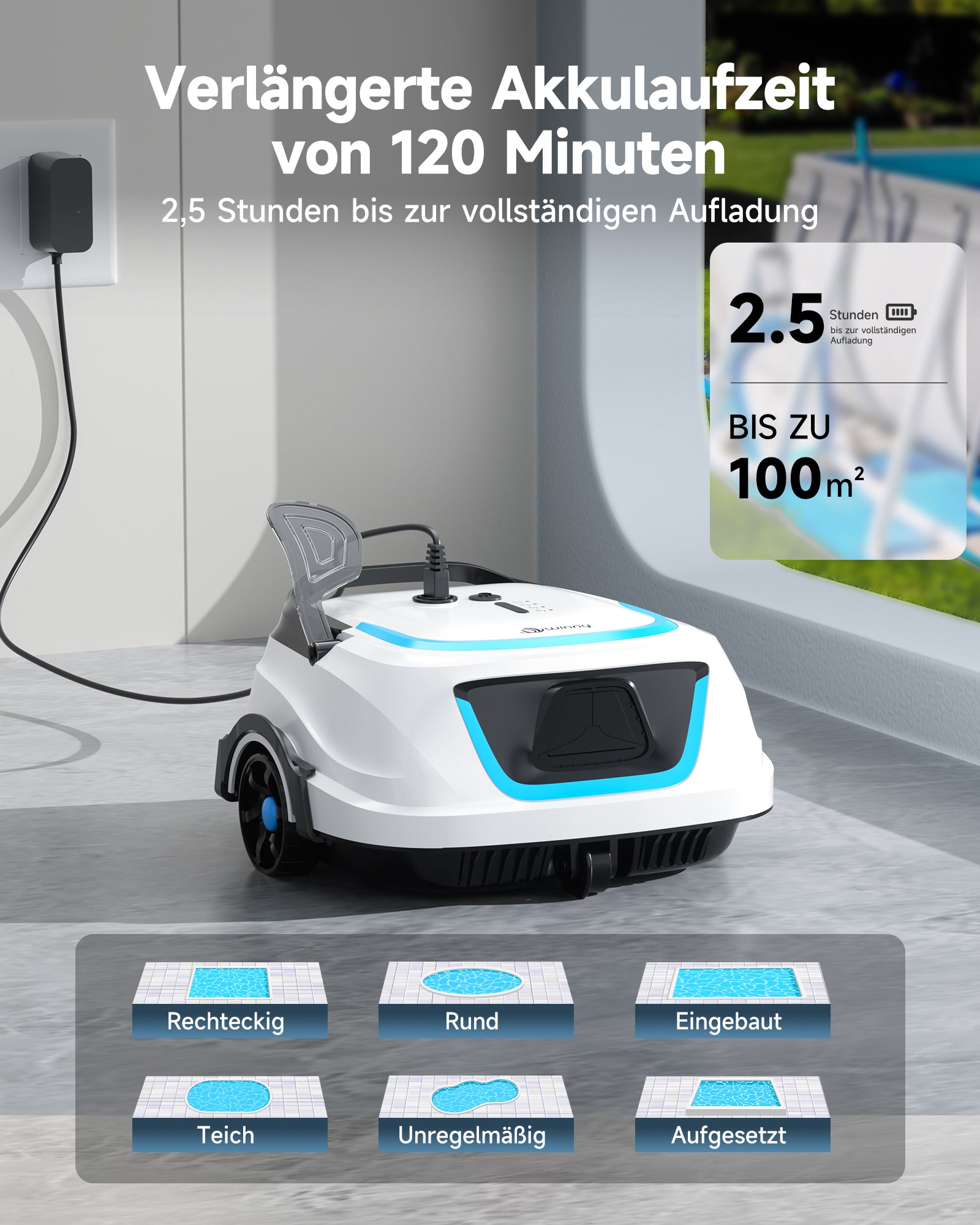 WYBOT A1max Kabelloser Poolroboter, Poolroboter Akku 130 Min Laufzeit, Doppelsiebe, Reinigt Flache Aufstellpools Bis 110 M², Ideal für Poolroboter für Aufstellpool,Eisblau