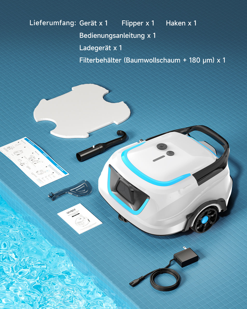 WYBOT A1max Kabelloser Poolroboter, Poolroboter Akku 130 Min Laufzeit, Doppelsiebe, Reinigt Flache Aufstellpools Bis 110 M², Ideal für Poolroboter für Aufstellpool,Eisblau