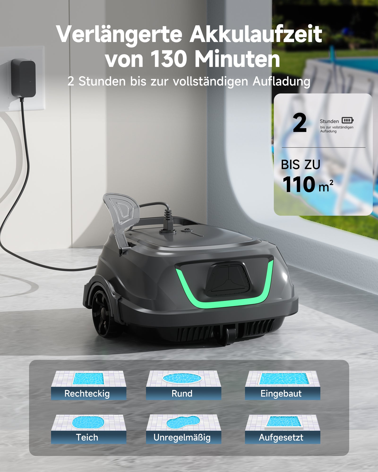 WYBOT A1max Kabelloser Poolroboter, Poolroboter Akku 130 Min Laufzeit, Doppelsiebe, Reinigt Flache Aufstellpools Bis 110 M², Ideal für Poolroboter für Aufstellpool,Waldgrün