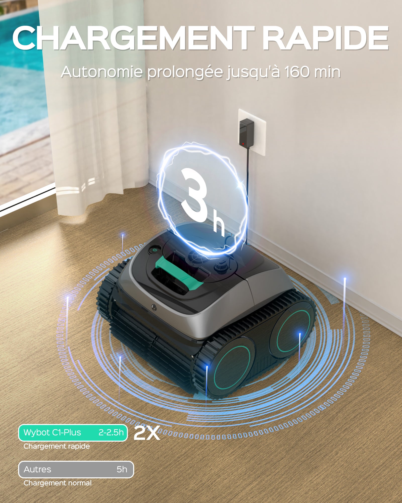 WYBOT C1-Plus Robot Piscine Sans Fil Robot Piscine pour Piscines Enterrées & Hors Sol - Nettoyeur 4-en-1 Paroi & Ligne d'Eau 160min/160m², Navigation Intelligente, App-Vert olive clair