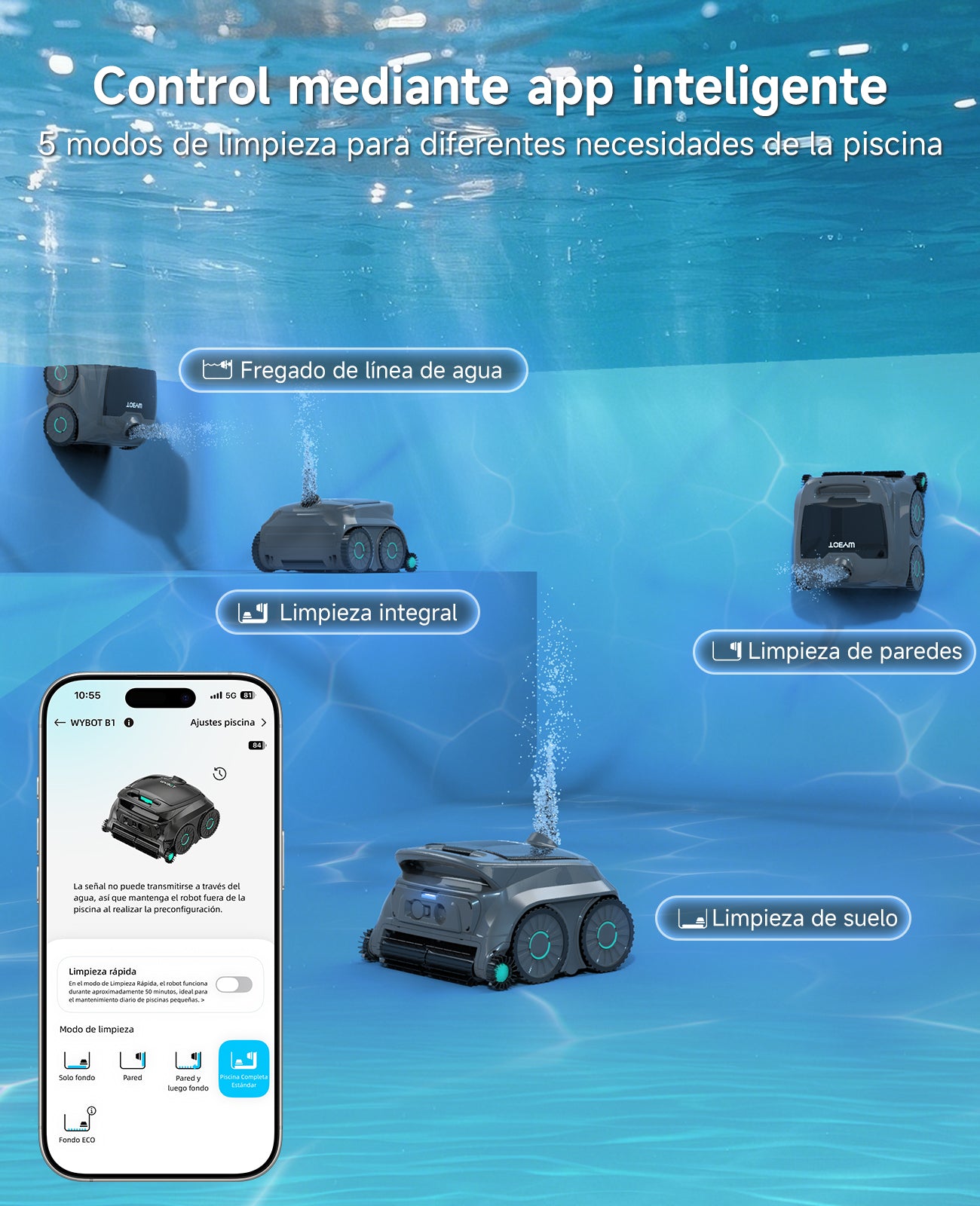 WYBOT OS600 Robot Piscina Limpiafondos, Inalámbrico, 120 Min Autonomía, Limpia Fondo Y Paredes, Navegación Inteligente, Para Piscinas Enterradas Y Sobre Suelo,Gris Verdoso