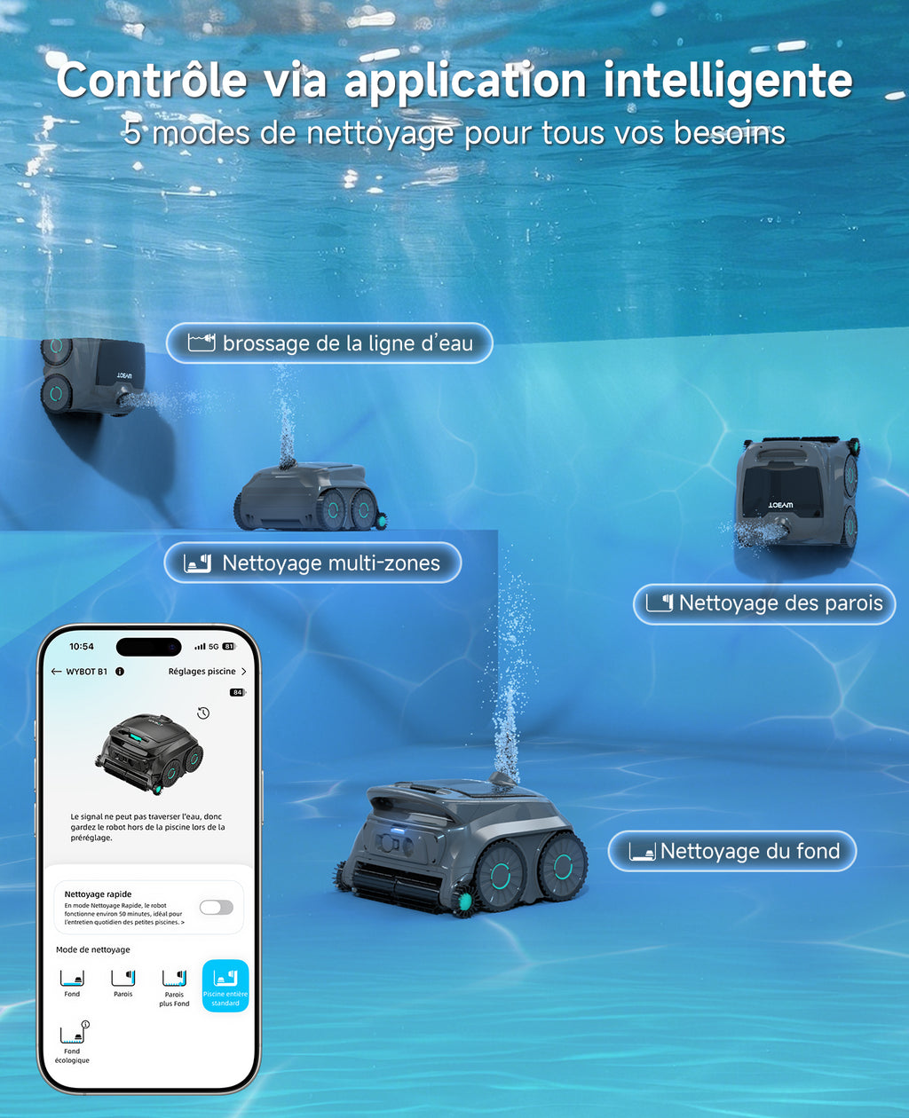 WYBOT OS600 Robot Piscine Sans Fil, Nettoyage Fond Et Parois, Autonomie 120 Min, Navigation Intelligente, Stationnement Automatique, Pour Piscines Enterrées Et Hors-Sol, Vert-Gris
