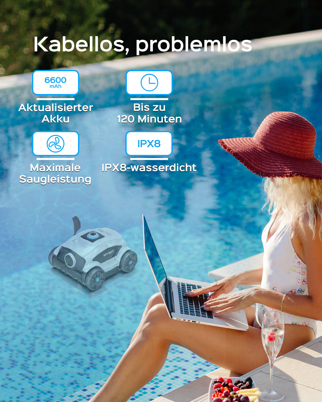 WYBOT Osprey 300II Poolroboter Akku Kabellos Poolsauger Roboter,Automatisch Parken,Poolreiniger Für Aufstellpools Bis 100 m²,Große Bürste & Saugöffnungen,Verstellbare Düse,120 Min (Schwarzweiß)