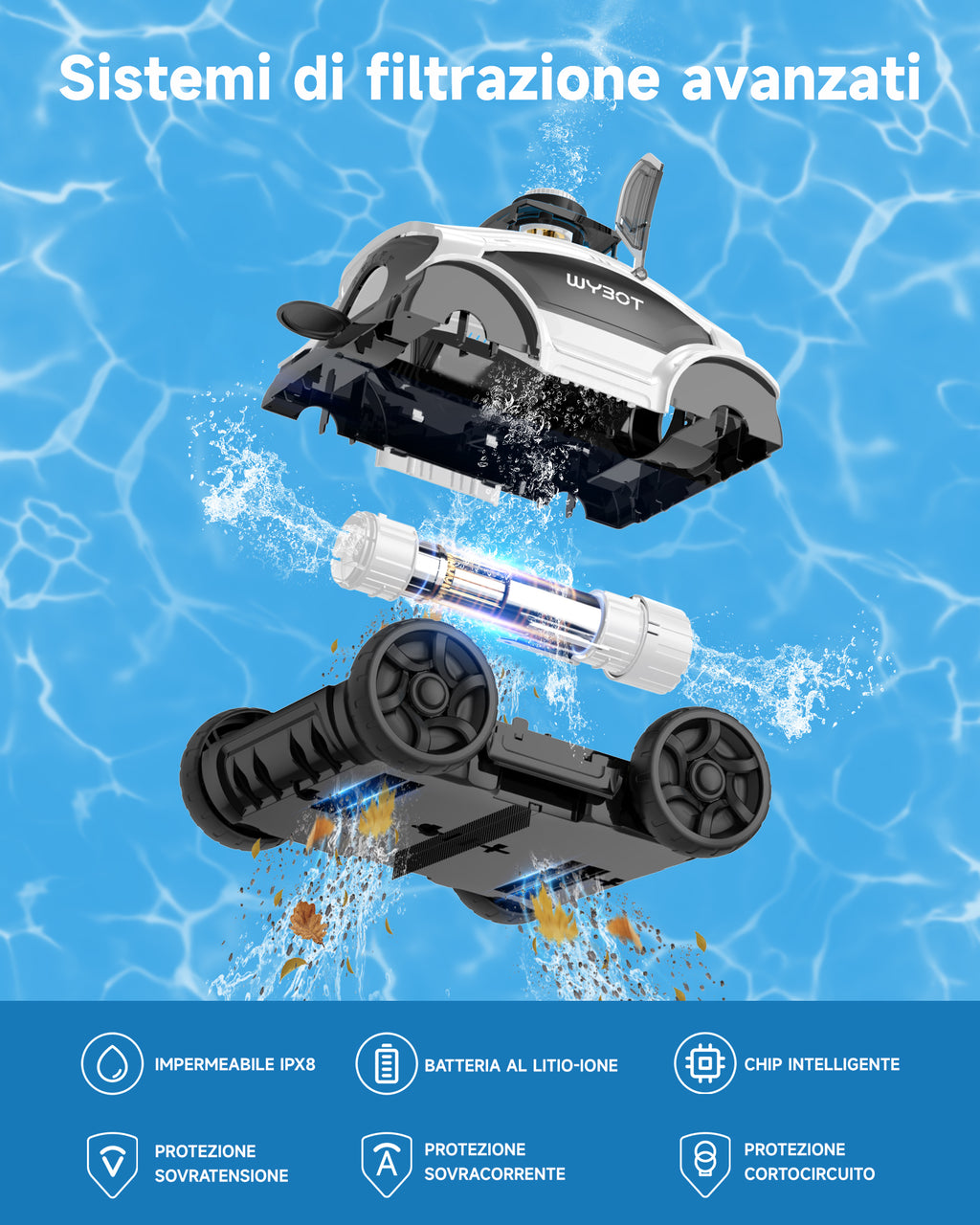 WYBOT Osprey 300II Robot Piscina Fili a Batteria, Parcheggio Automatico, Aspiratore Piscina Senza Per Piscine Fuori Terra Fino A 100 m², Doppi Motori, Ugello Regolabile, 120 Min (Bianco Nero) Visita lo Store di WYBOT