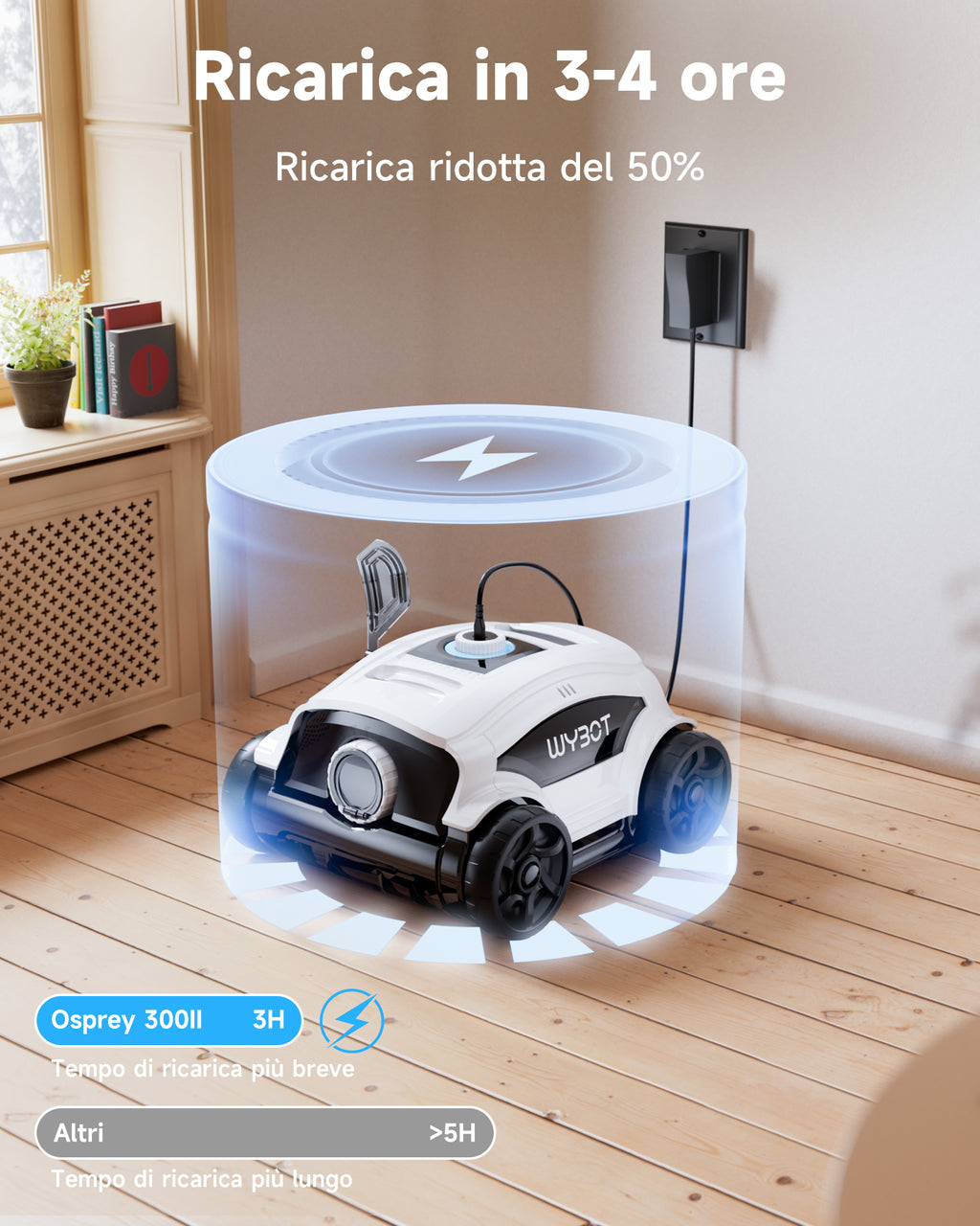 WYBOT Osprey 300II Robot Piscina Fili a Batteria, Parcheggio Automatico, Aspiratore Piscina Senza Per Piscine Fuori Terra Fino A 100 m², Doppi Motori, Ugello Regolabile, 120 Min (Bianco Nero) Visita lo Store di WYBOT