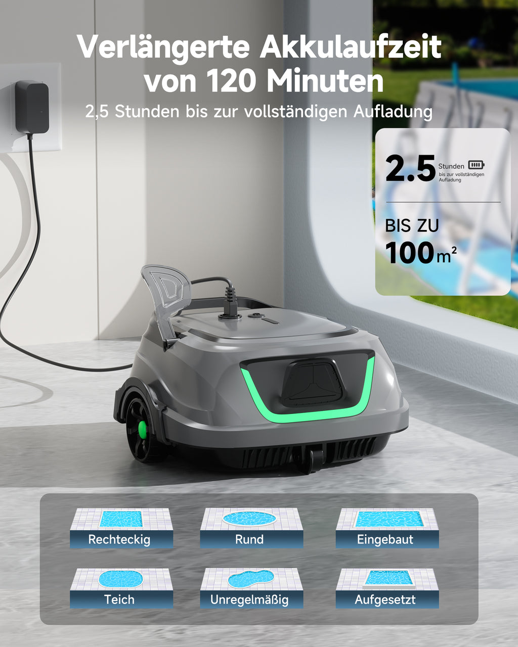 WYBOT A1max Kabelloser Poolroboter, Poolroboter Akku 130 Min Laufzeit, Doppelsiebe, Reinigt Flache Aufstellpools Bis 110 M², Ideal für Poolroboter für Aufstellpool,Salbeigrün
