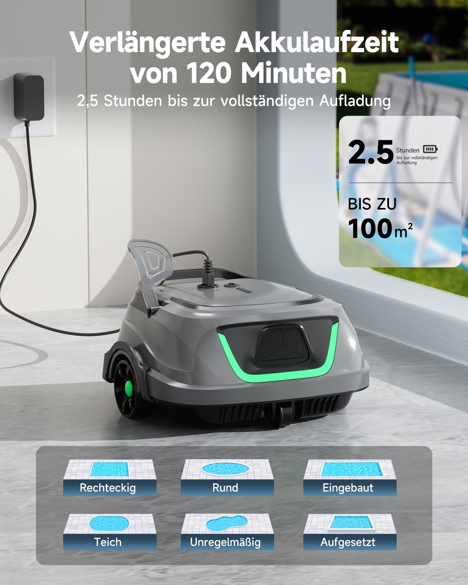 WYBOT A1max Kabelloser Poolroboter, Poolroboter Akku 130 Min Laufzeit, Doppelsiebe, Reinigt Flache Aufstellpools Bis 110 M², Ideal für Poolroboter für Aufstellpool,Salbeigrün
