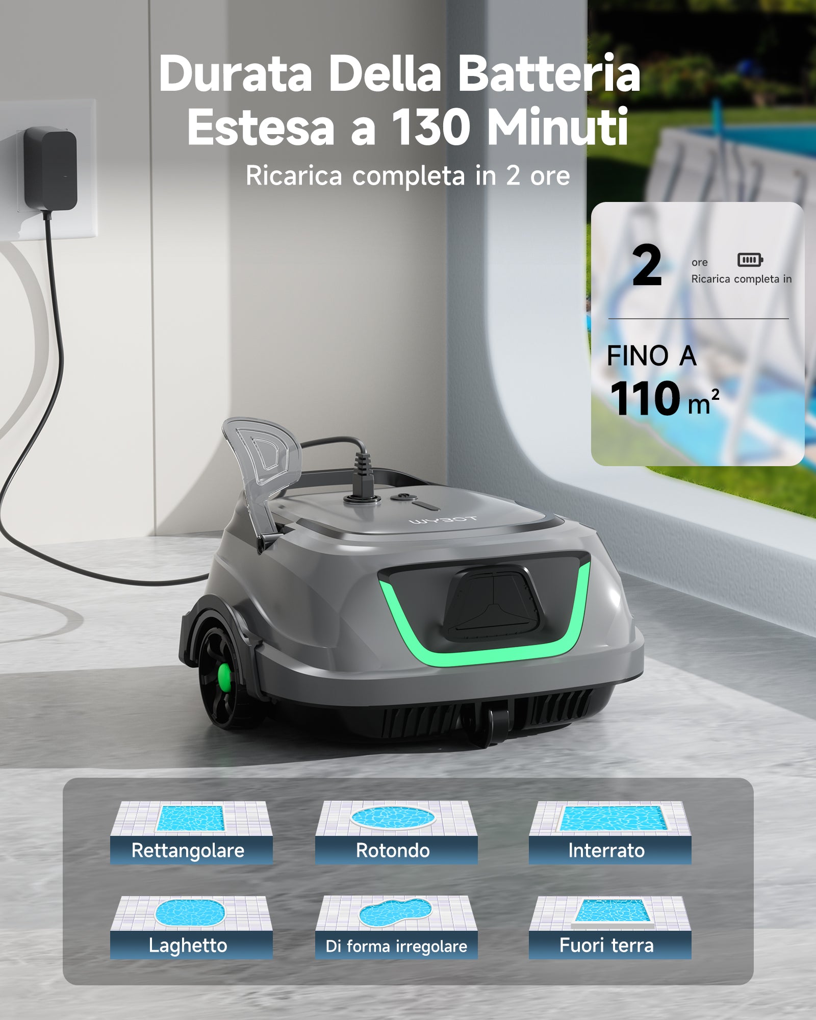 WYBOT A1max Robot Piscina Inalámbrico, Autonomía 130 Min, Doble Tamiz, Limpia Piscinas Sobre Suelo Planas Hasta 110 M², Limpiafondos Piscina Automático,Verde Salvia
