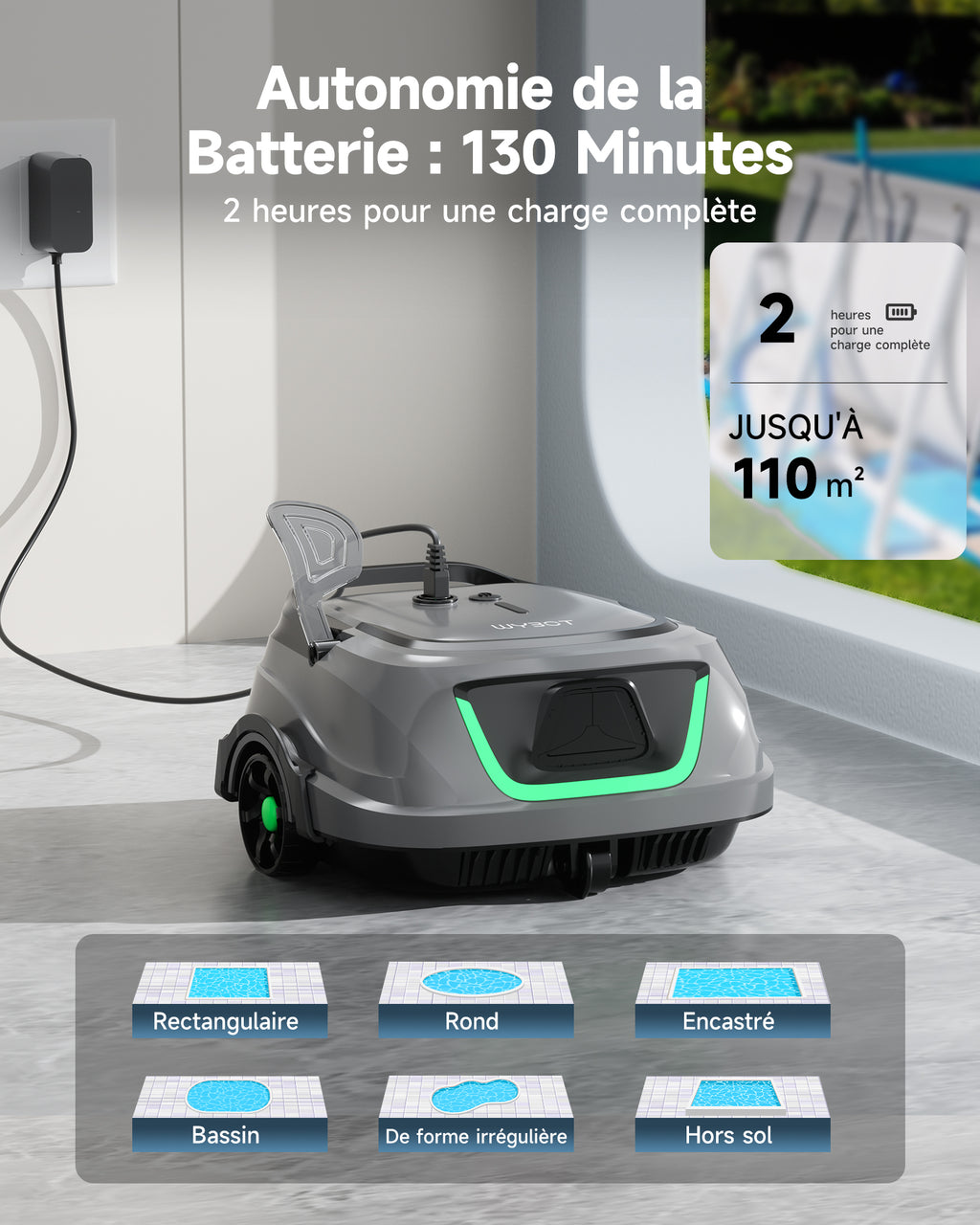WYBOT A1max Robot Piscine sans Fil pour Piscines Hors-Sol, Aspirateur Automatique, Robot Piscine 130 Min Autonomie, Double Filtration, LED, Charge 2h, 4 Modes,Vert Sauge