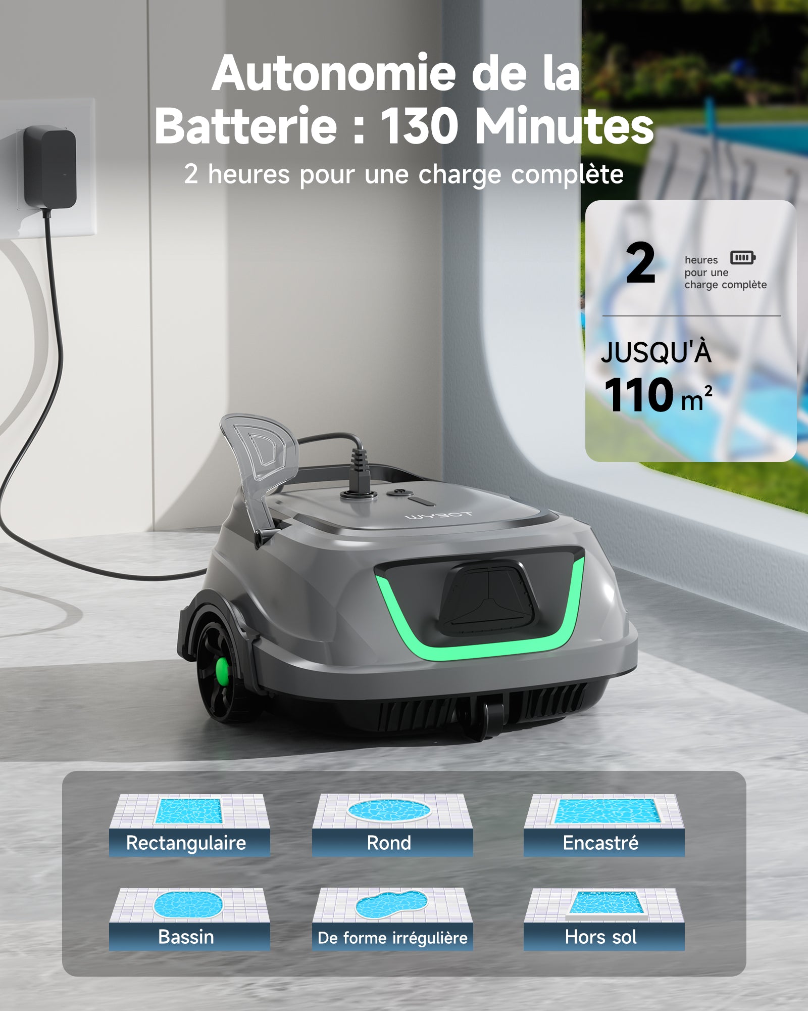 WYBOT A1max Robot Piscine sans Fil pour Piscines Hors-Sol, Aspirateur Automatique, Robot Piscine 130 Min Autonomie, Double Filtration, LED, Charge 2h, 4 Modes,Vert Sauge