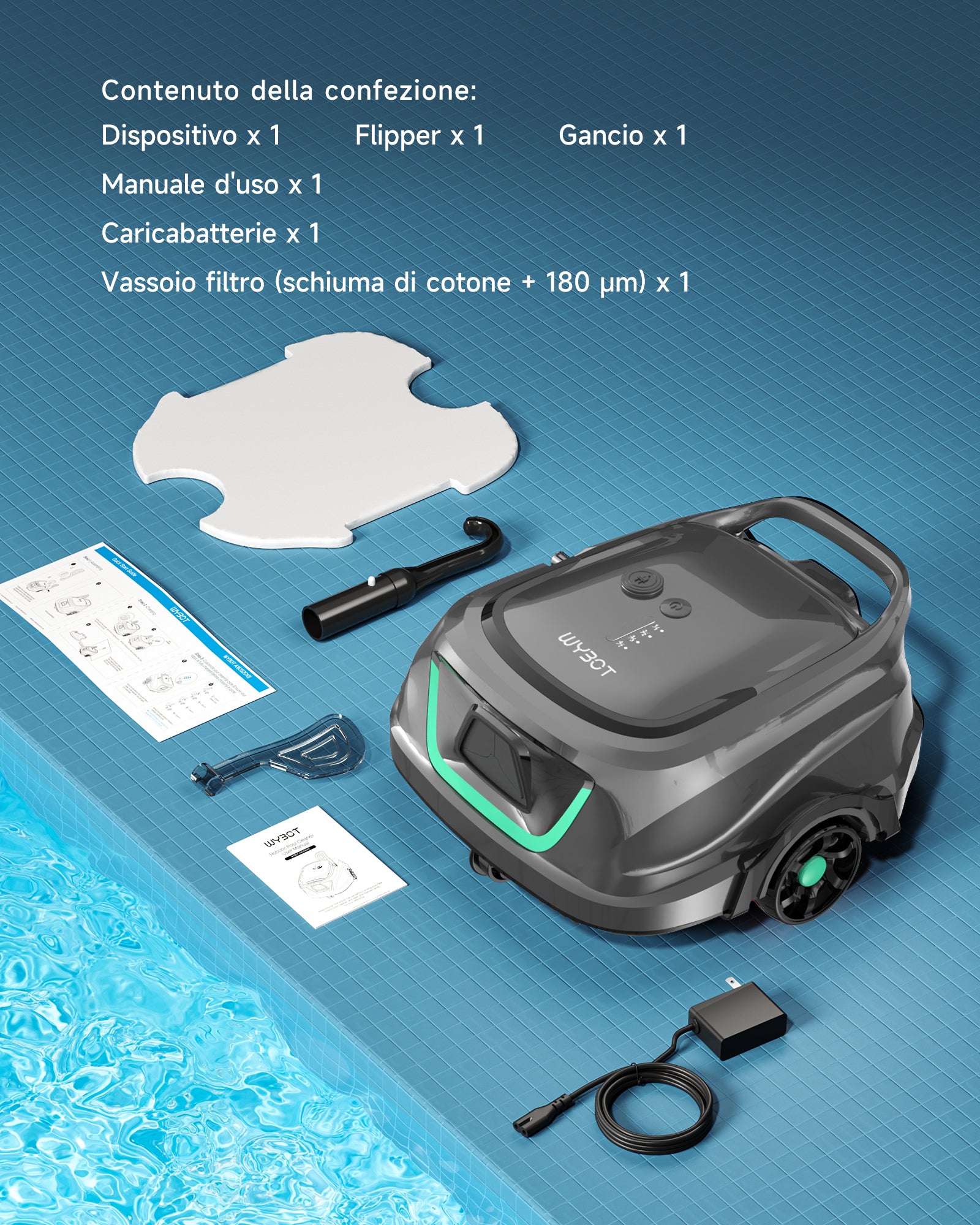 WYBOT A1max Robot Piscina Inalámbrico, Autonomía 130 Min, Doble Tamiz, Limpia Piscinas Sobre Suelo Planas Hasta 110 M², Limpiafondos Piscina Automático,Verde Salvia
