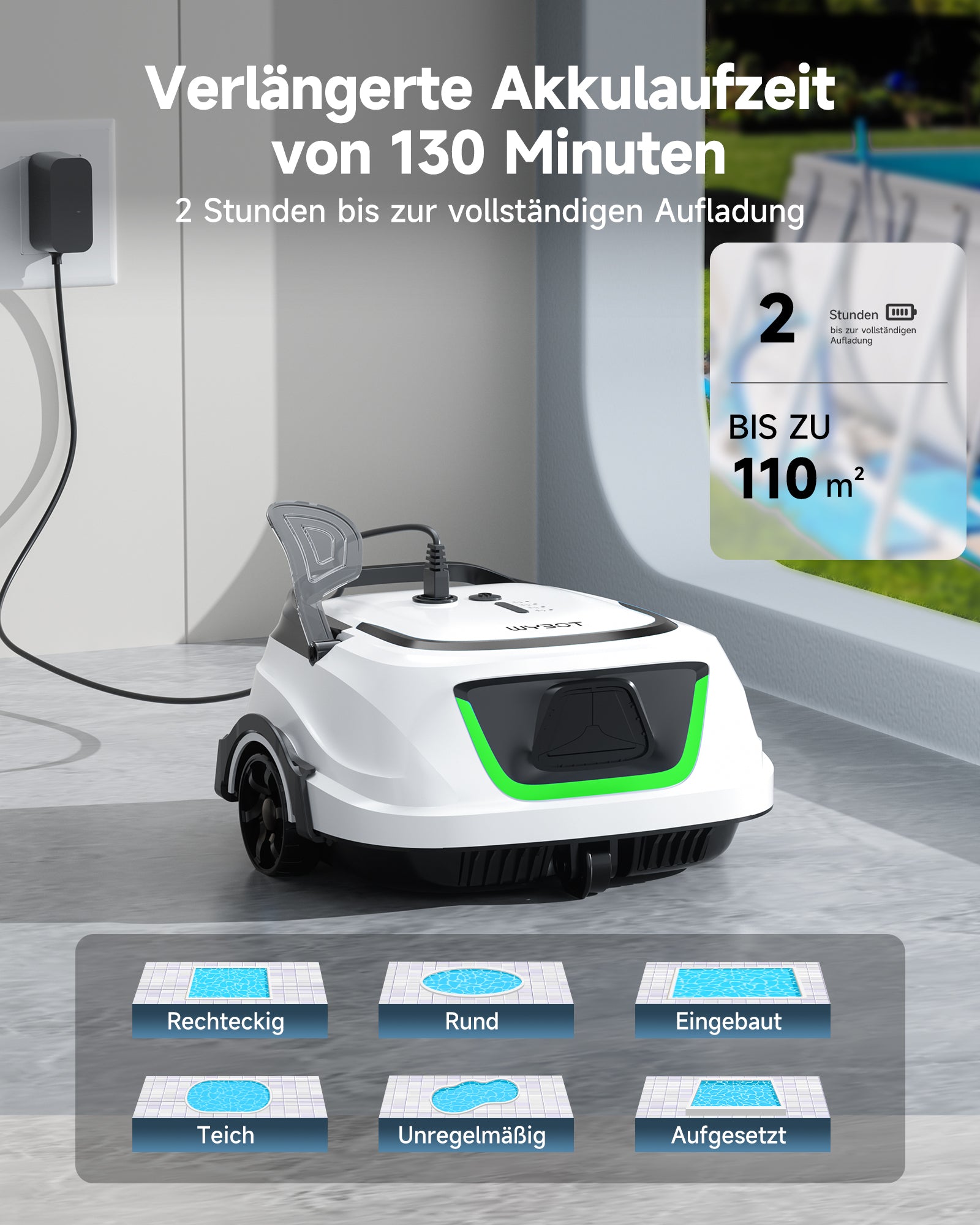 WYBOT A1max Kabelloser Poolroboter, Poolroboter Akku 130 Min Laufzeit, Doppelsiebe, Reinigt Flache Aufstellpools Bis 110 M², Ideal für Poolroboter für Aufstellpool,Milchweißgrün