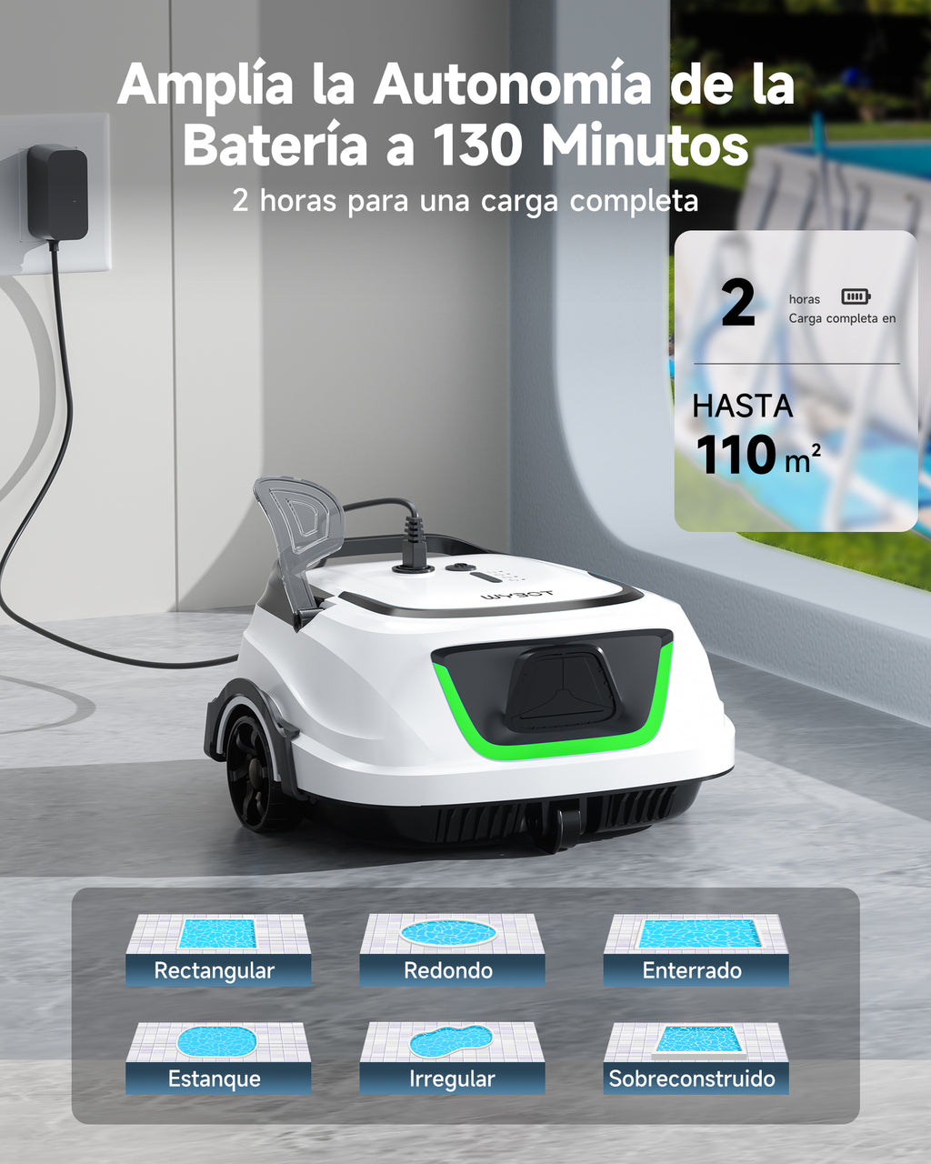 WYBOT A1max Robot Piscina Inteligente, Doble Filtración, Autonomía 130 Min, Limpiafondos Piscina Potente Inalámbrico para sobre Suelo Y Planas, Auto-Estacionamiento,Verde Blanco lechoso